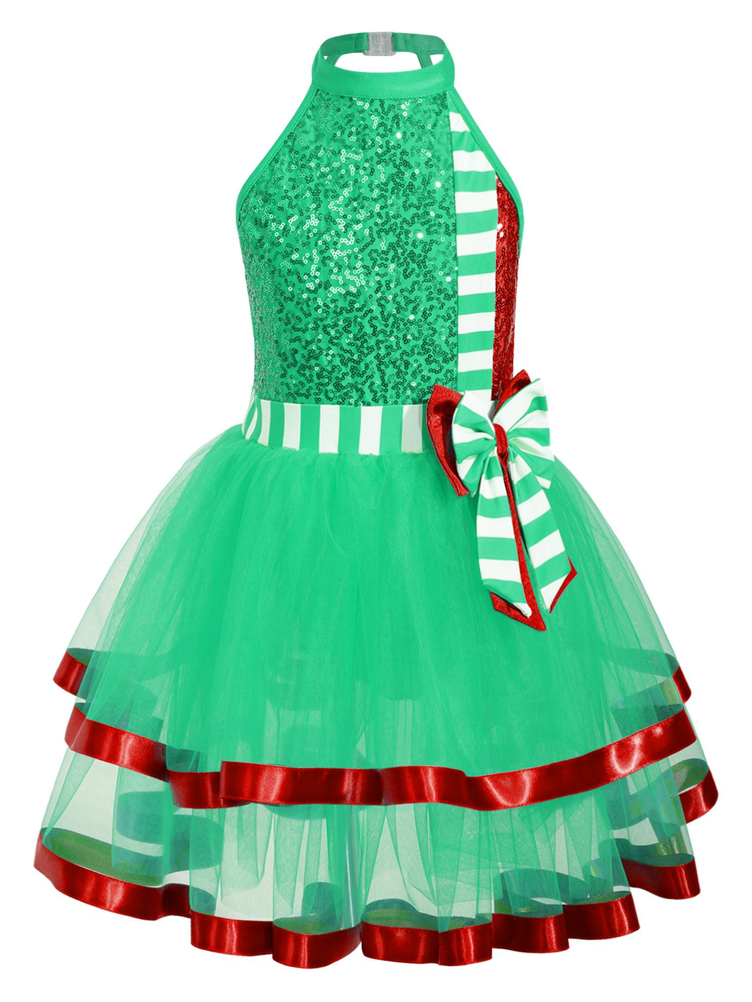 Kids Girls Christmas Sleeveless Halter Neck Sequins Stripes Ball Gown Tutu Dress