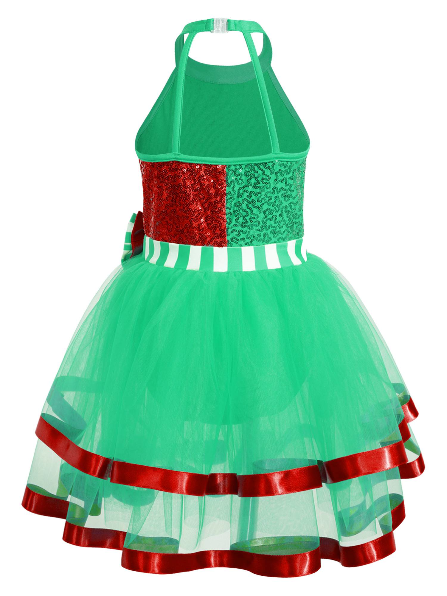 Kids Girls Christmas Sleeveless Halter Neck Sequins Stripes Ball Gown Tutu Dress