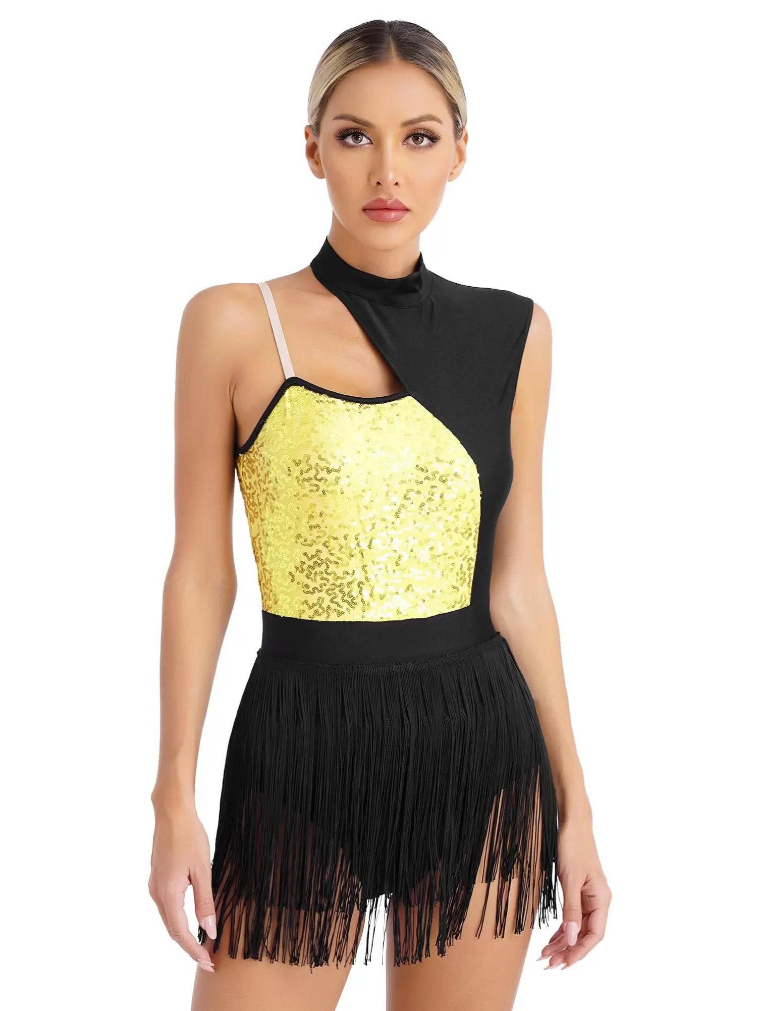Women One Shoulder Sleeveless Sequin Tassel Latin Dance Leotard