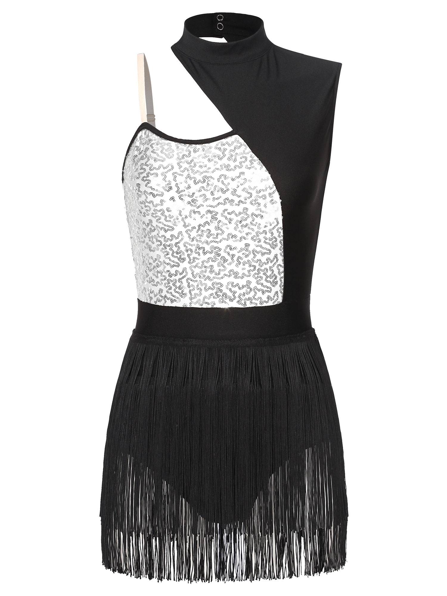 Women One Shoulder Sleeveless Sequin Tassel Latin Dance Leotard