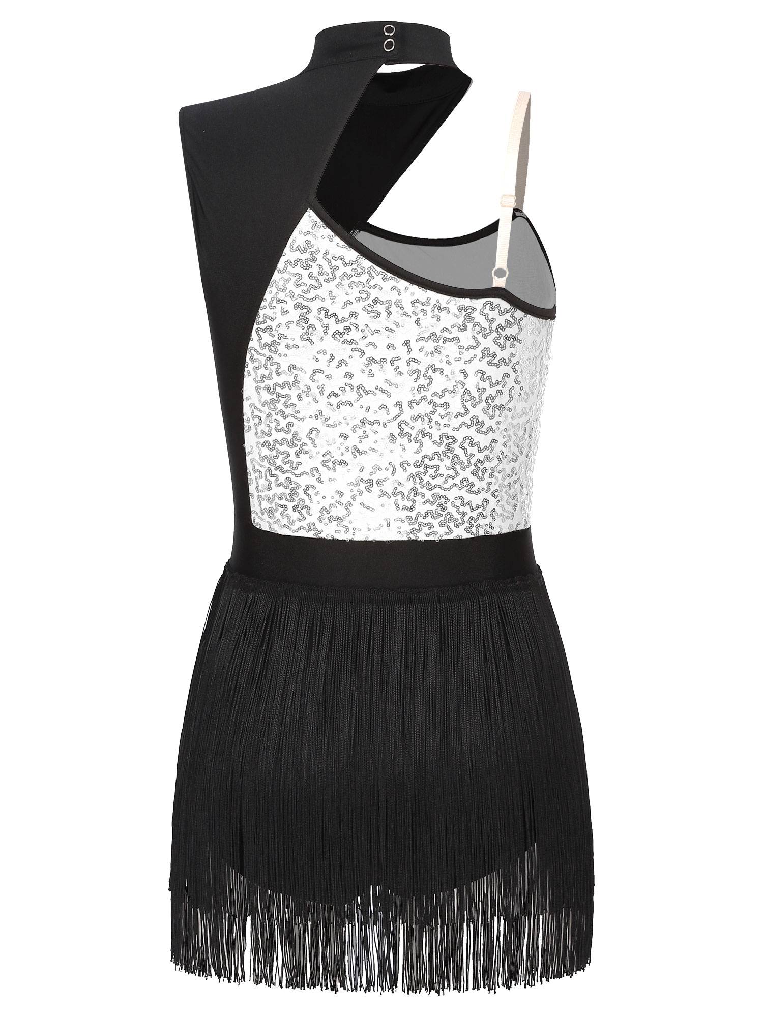 Women One Shoulder Sleeveless Sequin Tassel Latin Dance Leotard
