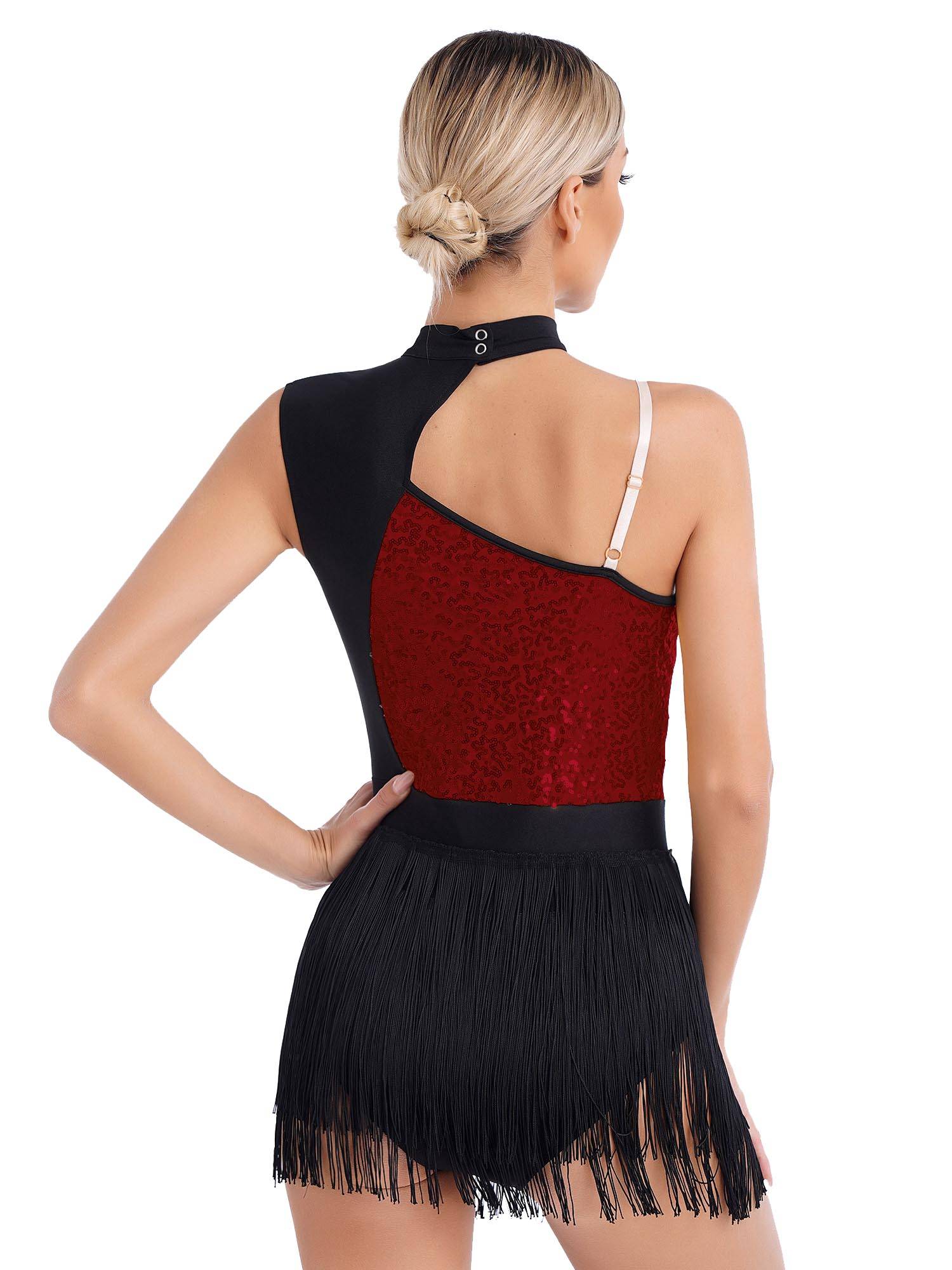 Women One Shoulder Sleeveless Sequin Tassel Latin Dance Leotard