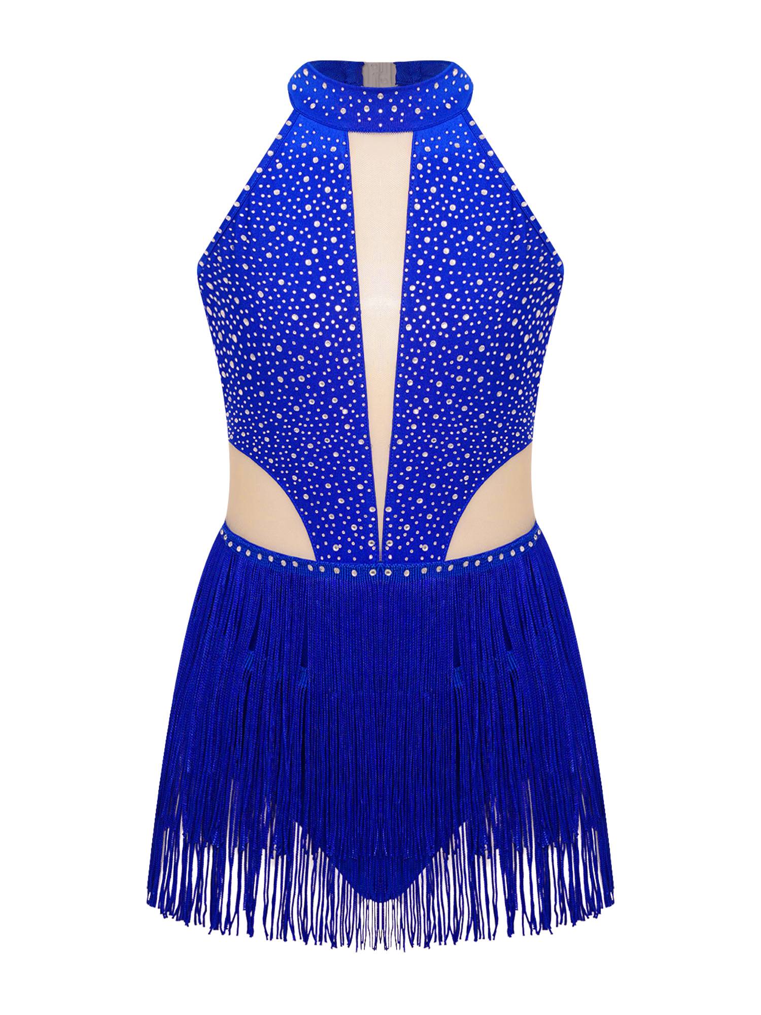 Kids Girls Sparkly Rhinestone Sleeveless Tassel Latin Dance Leotard