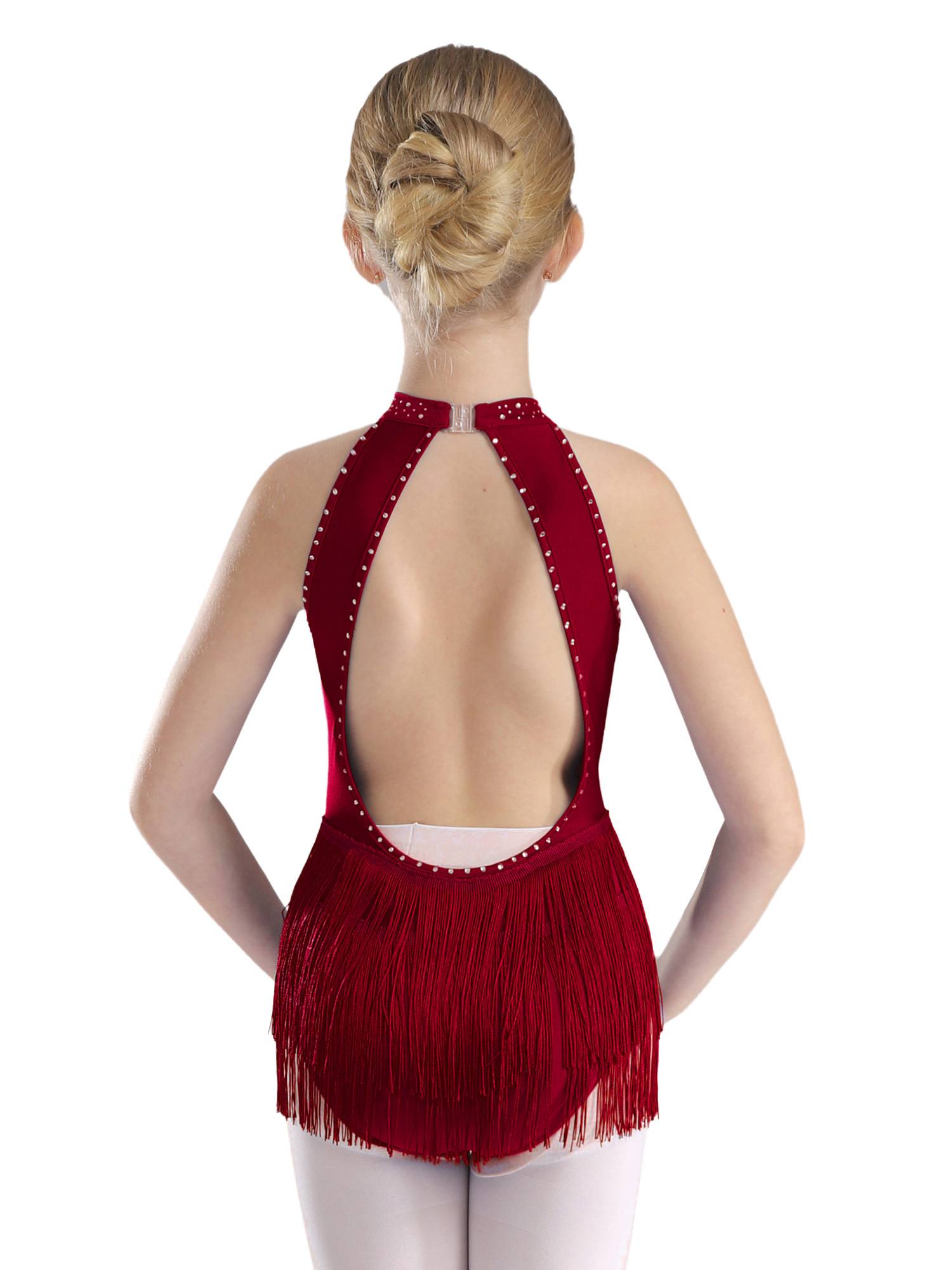 Kids Girls Sparkly Rhinestone Sleeveless Tassel Latin Dance Leotard