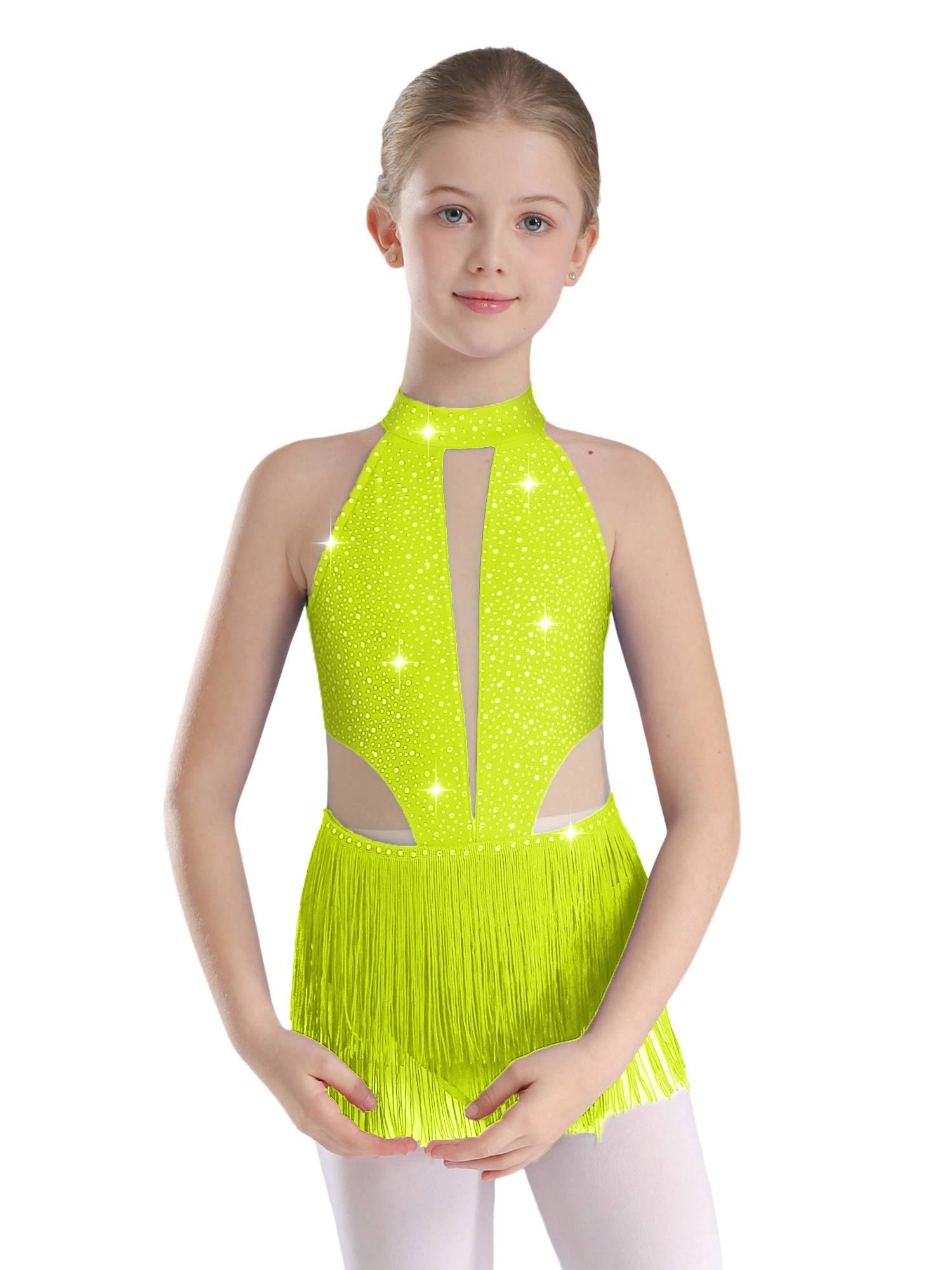 Kids Girls Sparkly Rhinestone Sleeveless Tassel Latin Dance Leotard