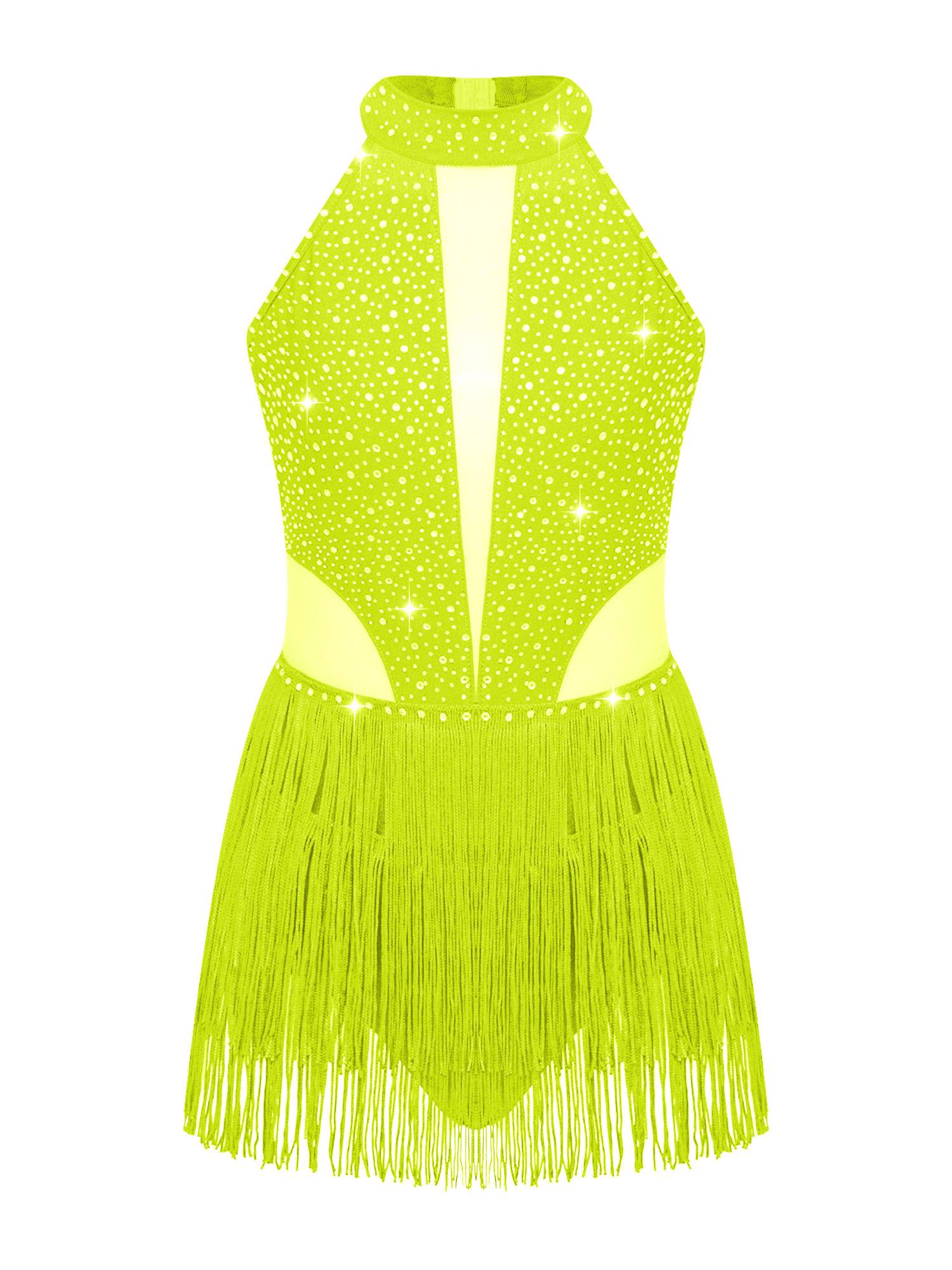 Kids Girls Sparkly Rhinestone Sleeveless Tassel Latin Dance Leotard