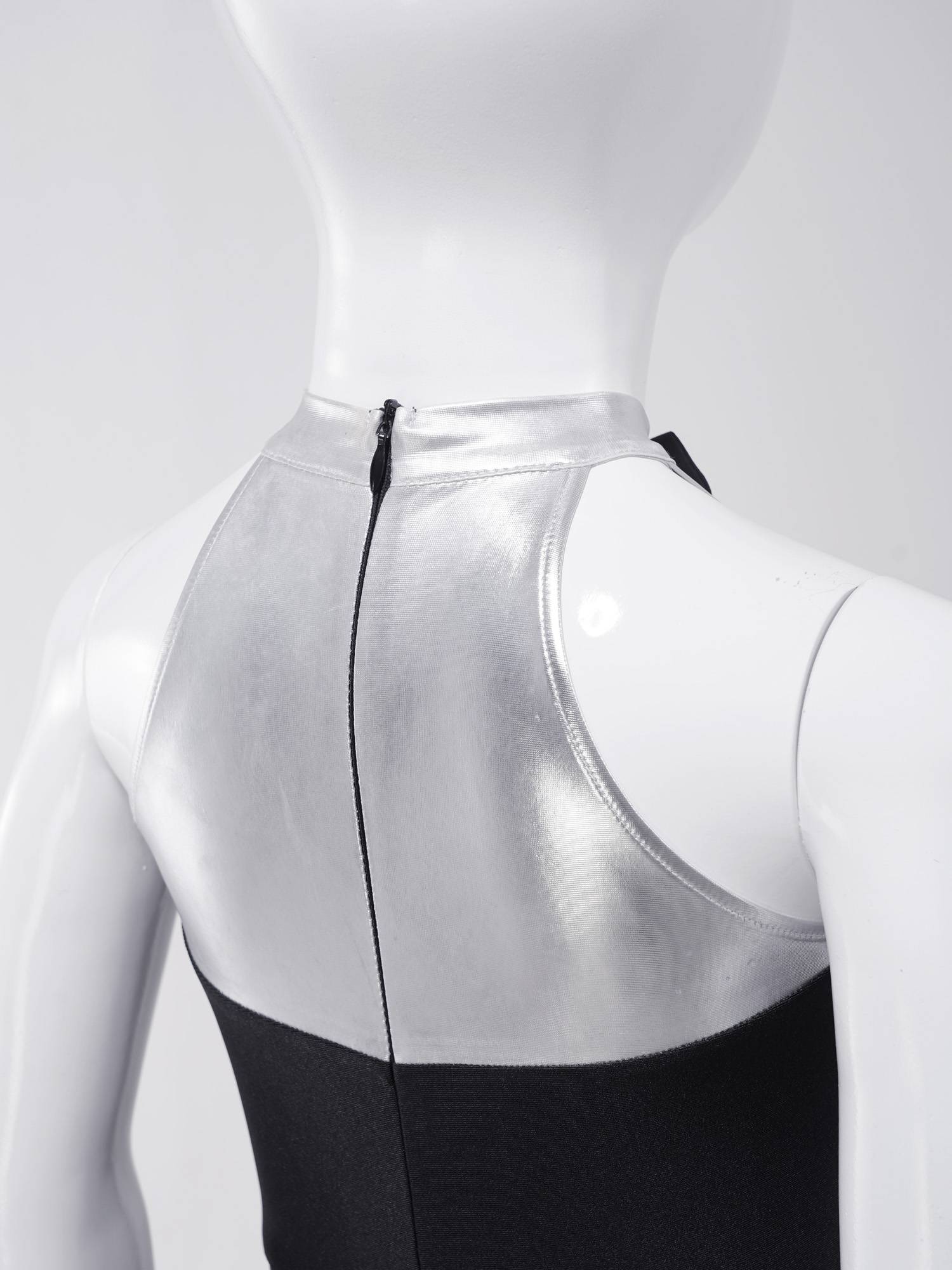 Kids Girls Metallic Sleeveless Bow Tie Jumpsuit for Jazz Dance