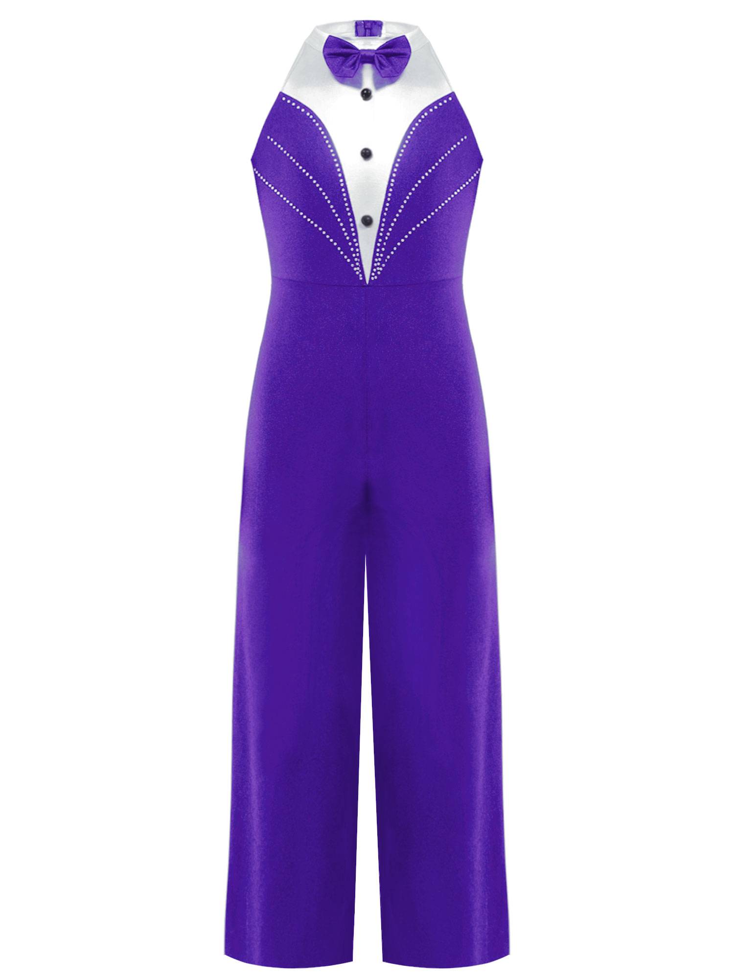 Kids Girls Metallic Sleeveless Bow Tie Jumpsuit for Jazz Dance