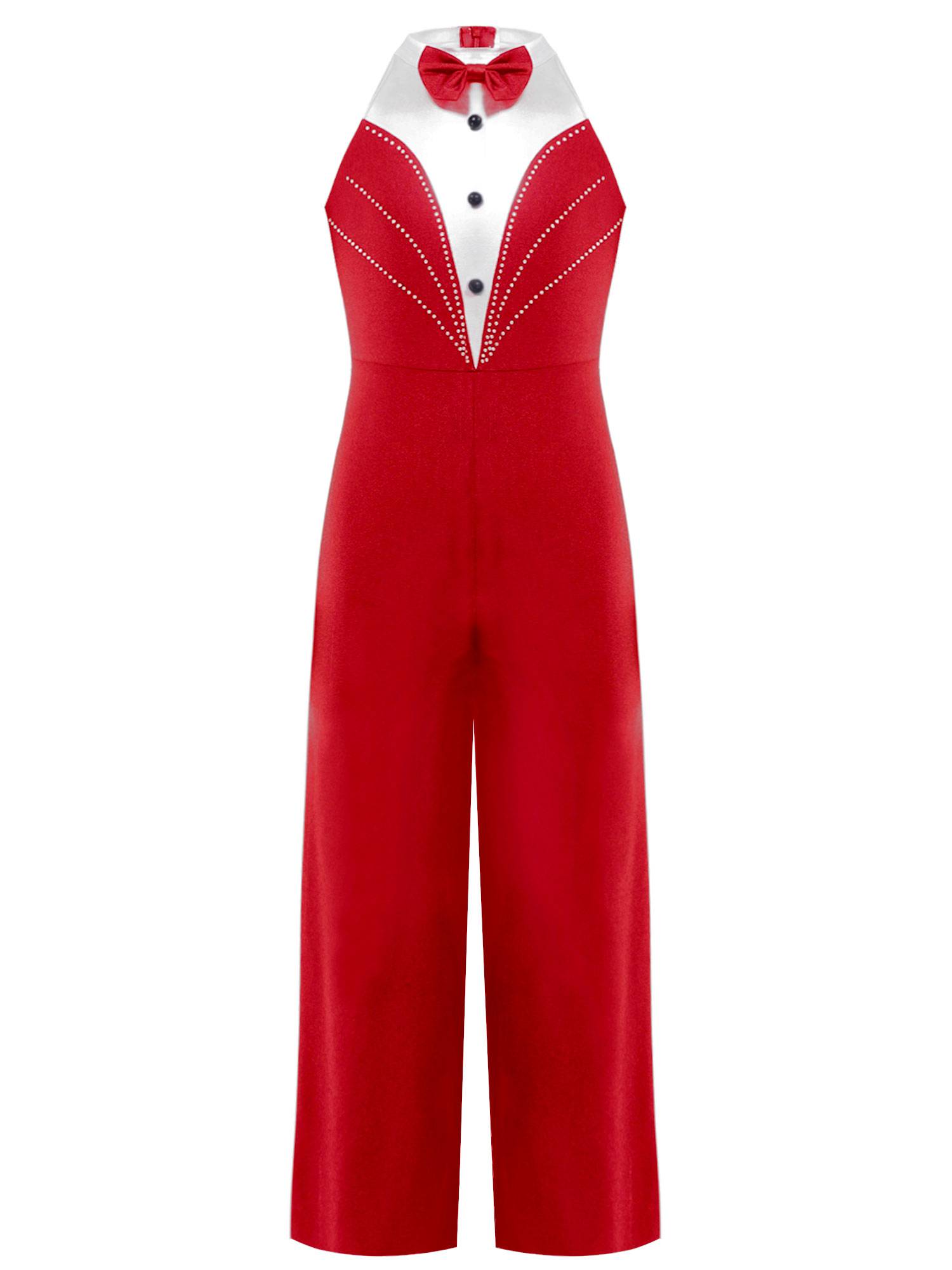 Kids Girls Metallic Sleeveless Bow Tie Jumpsuit for Jazz Dance