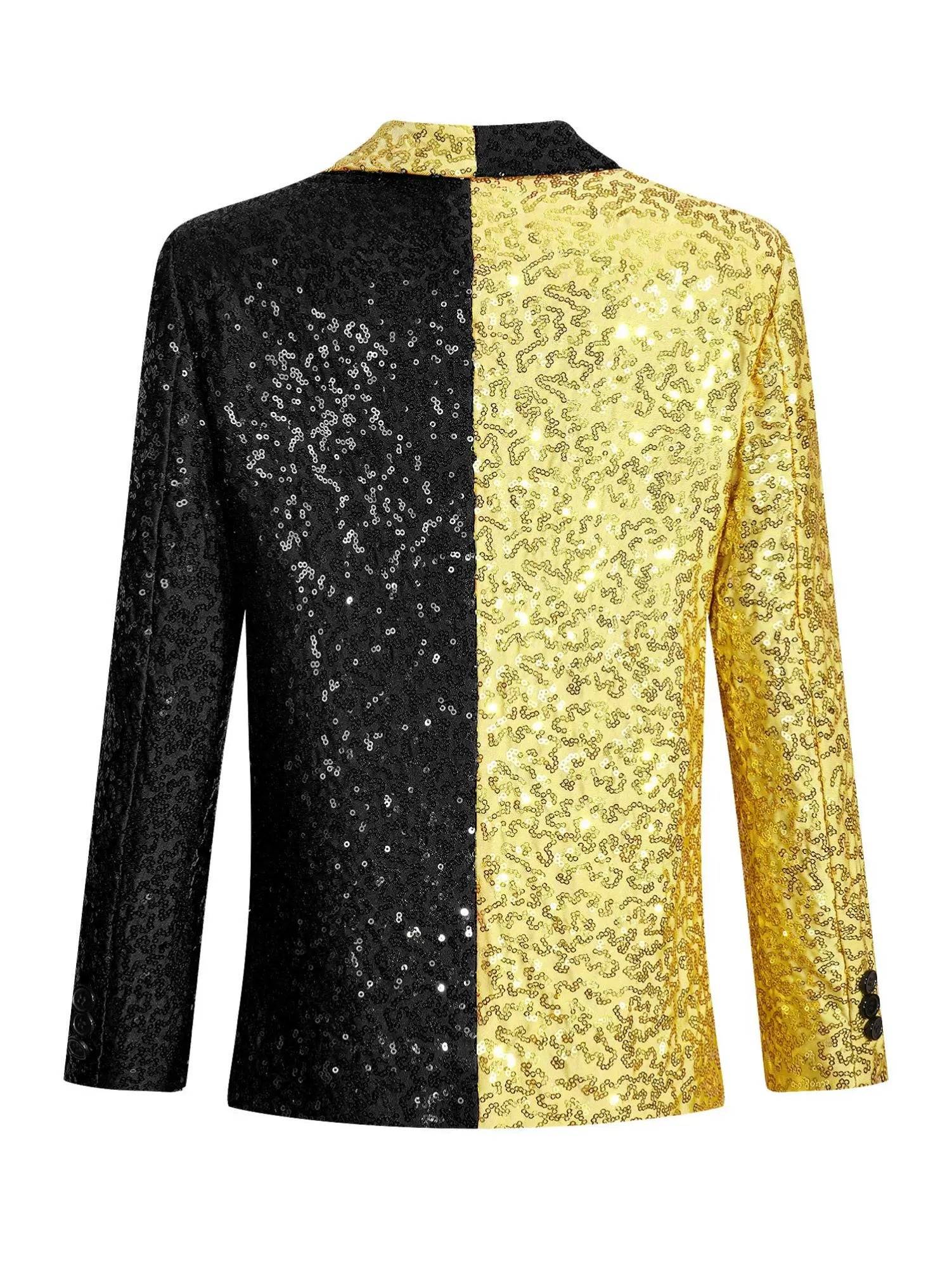 Kids Boys Sequin Colorblock Blazer Jacket Lapel One-Button Coat