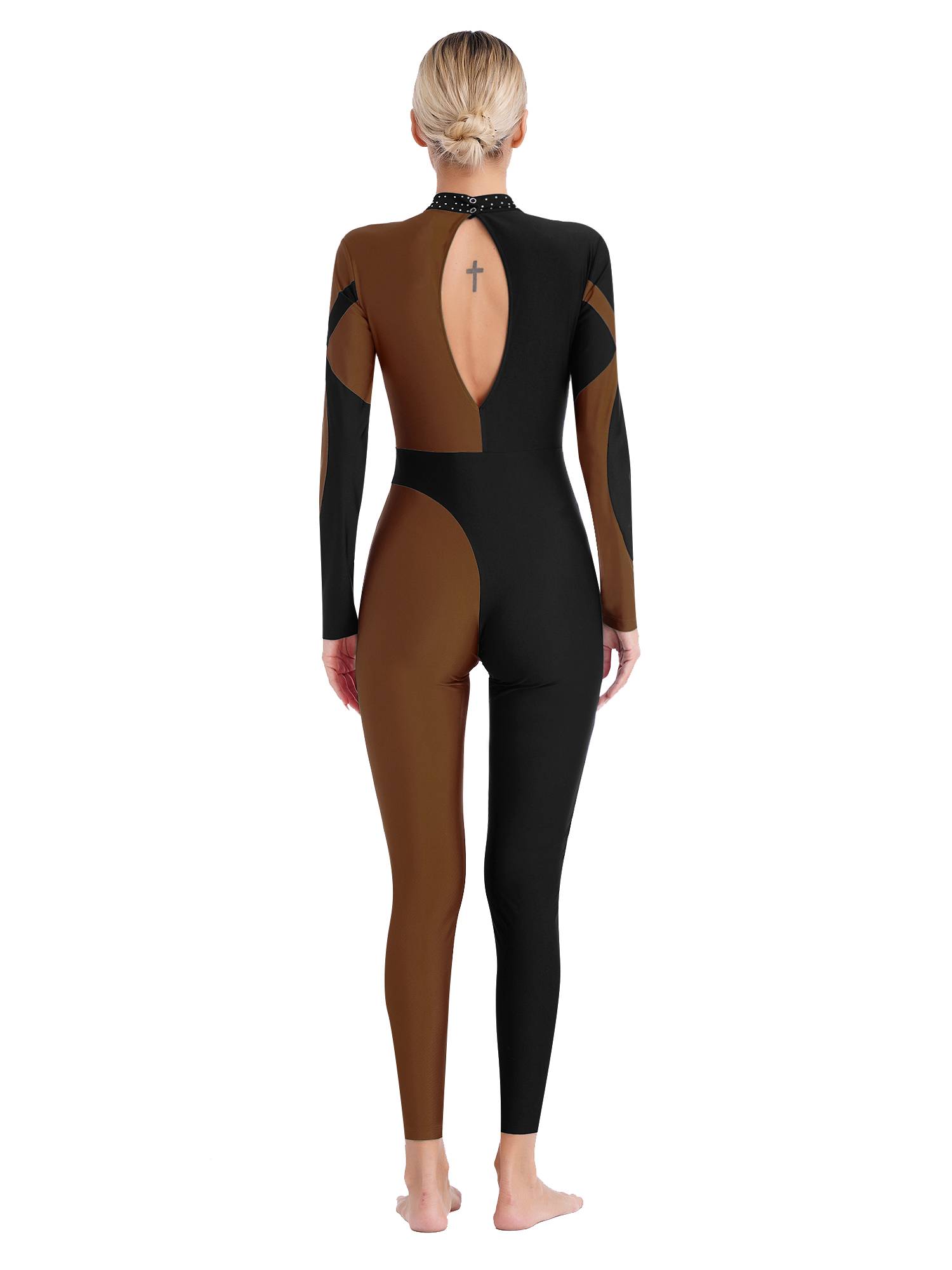 Women Glittery Rhinestones Long Sleeve Gymnastics Unitards