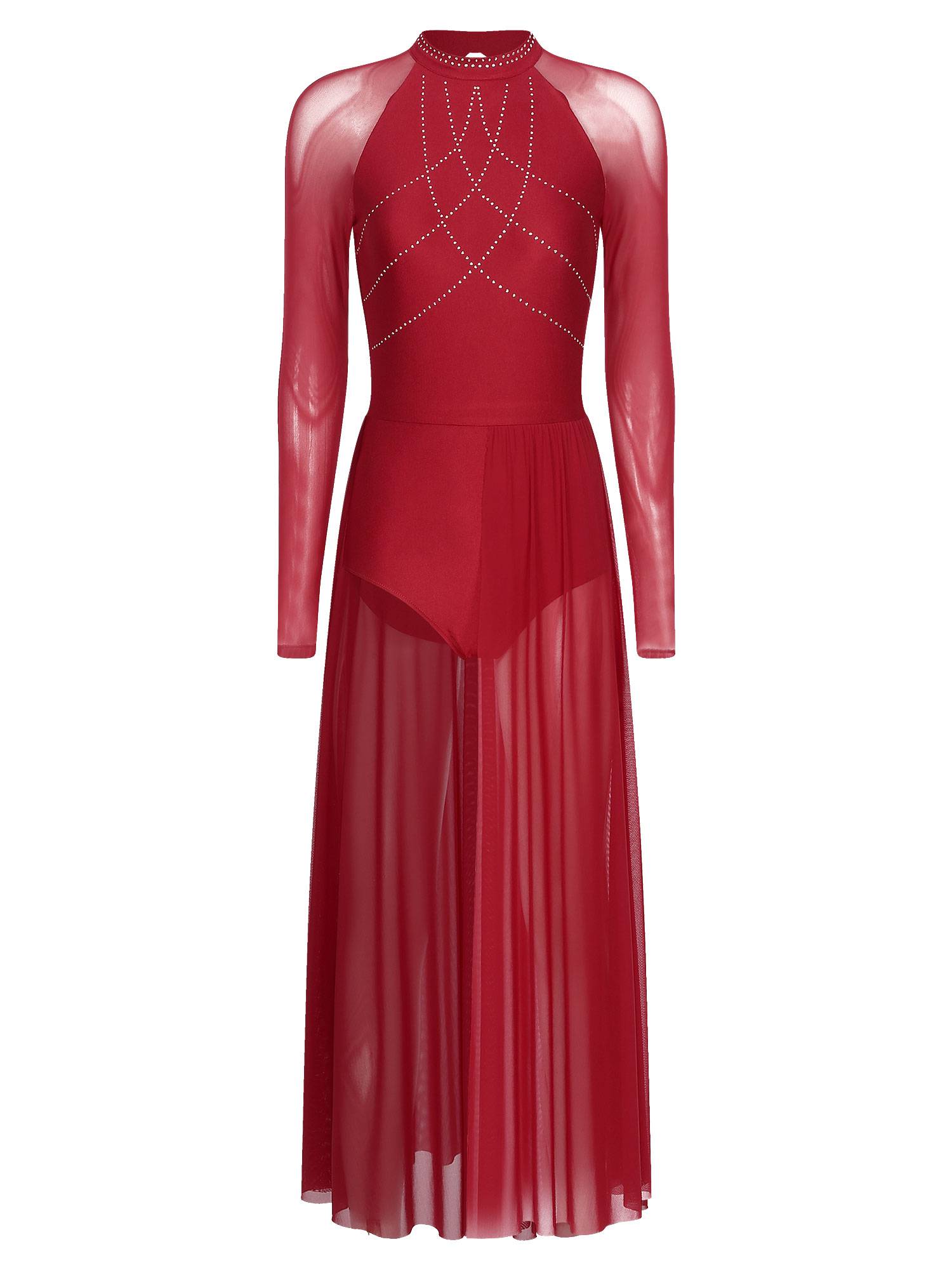 Women Rhinestones Long Sleeve Lyrical Dance Leotard Maxi Dresses