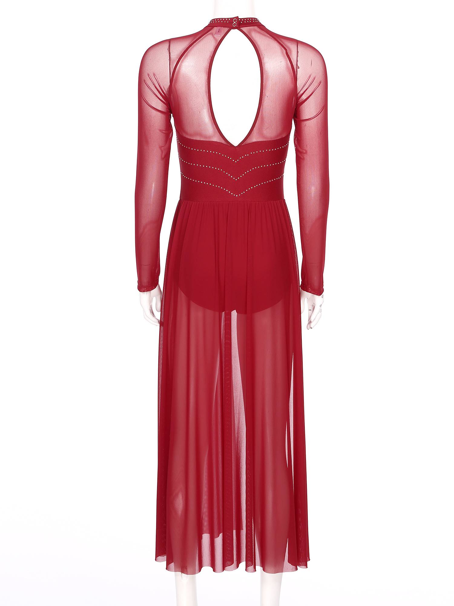 Women Rhinestones Long Sleeve Lyrical Dance Leotard Maxi Dresses