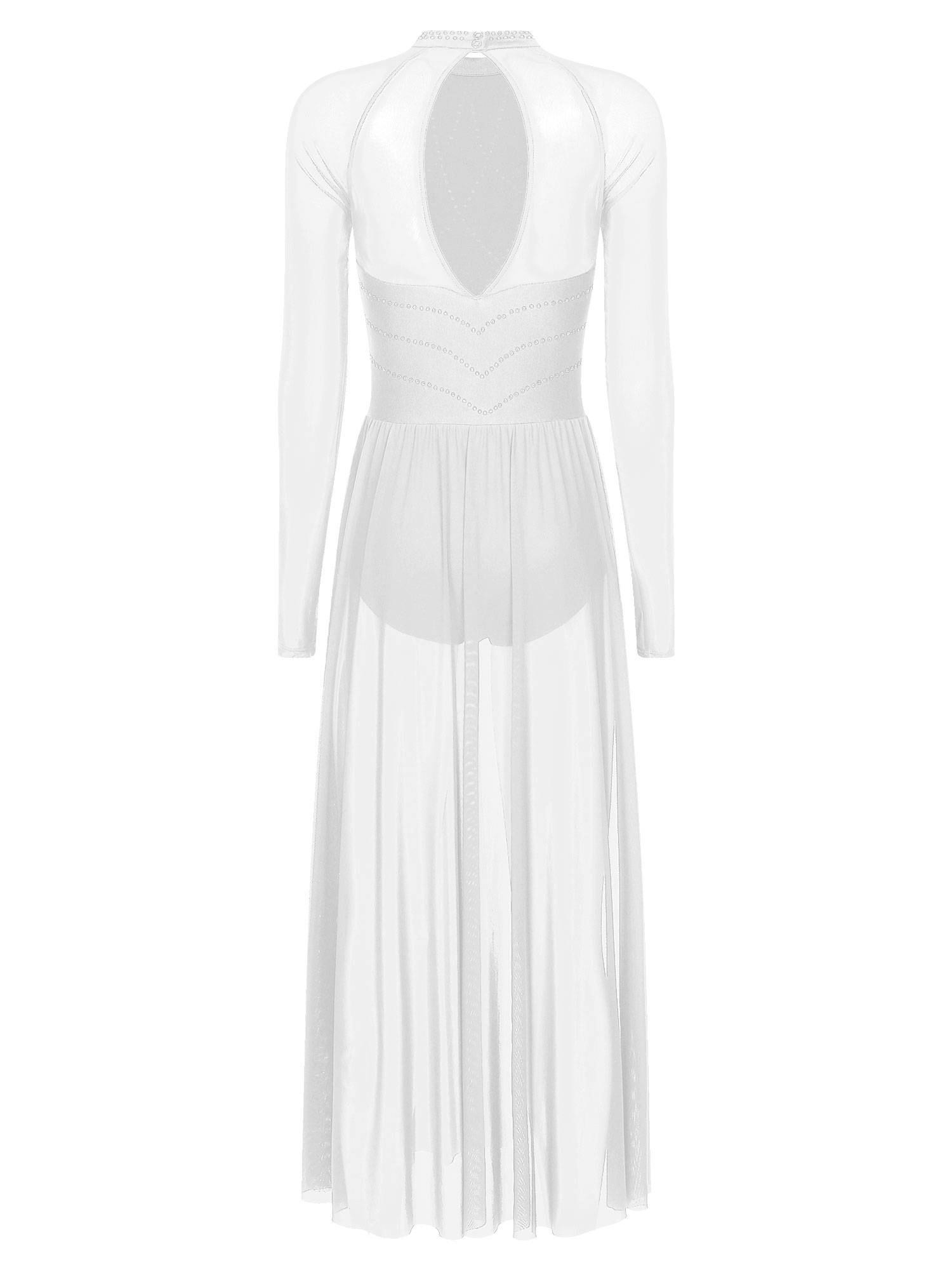 Women Rhinestones Long Sleeve Lyrical Dance Leotard Maxi Dresses