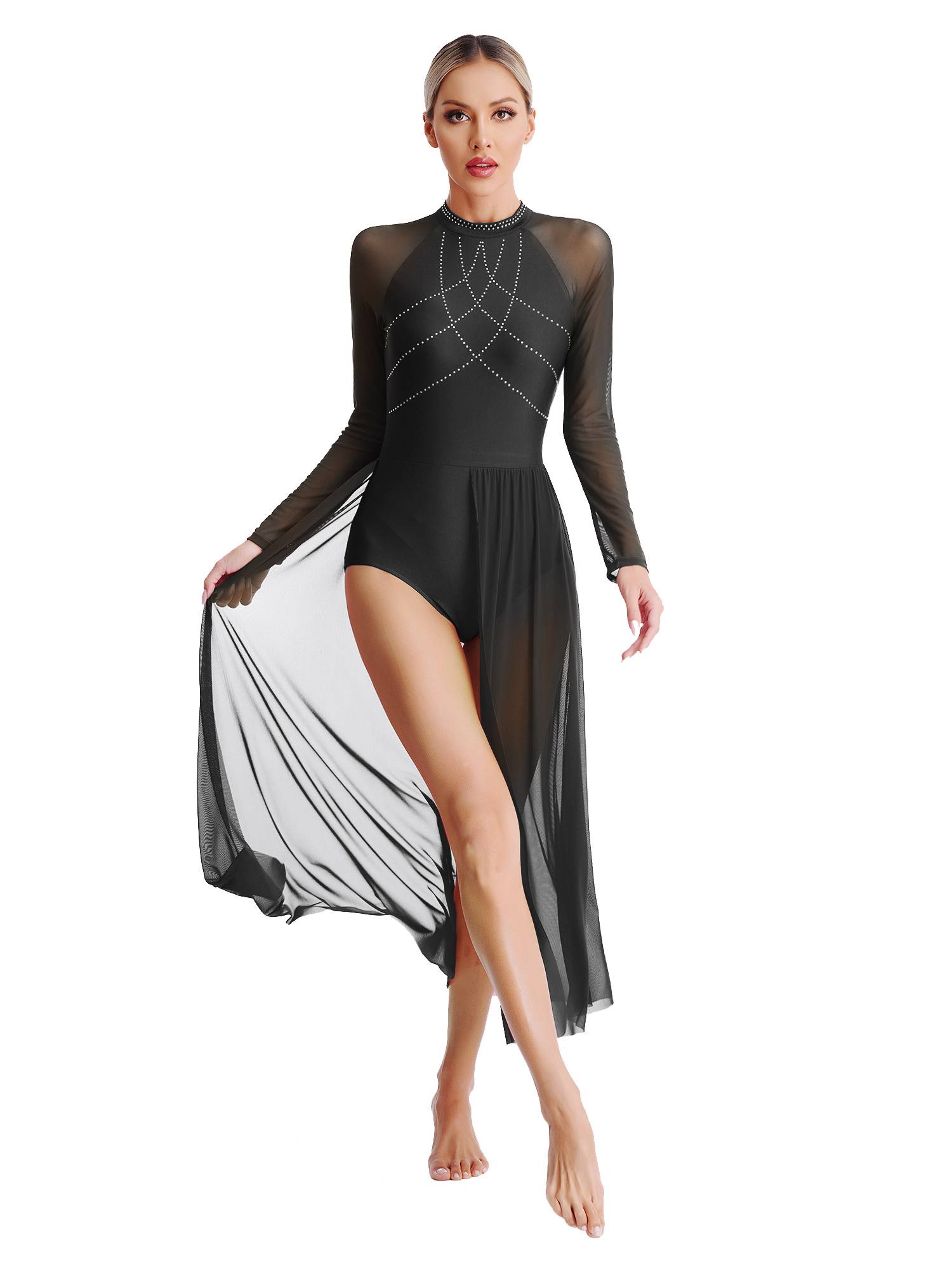 Women Rhinestones Long Sleeve Lyrical Dance Leotard Maxi Dresses