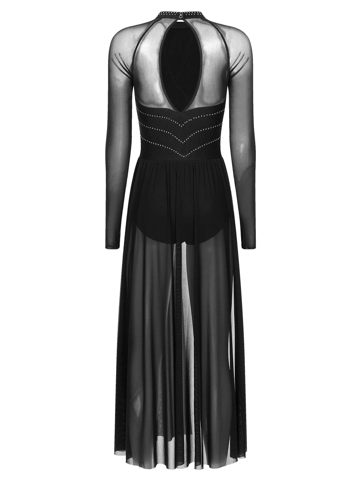 Women Rhinestones Long Sleeve Lyrical Dance Leotard Maxi Dresses