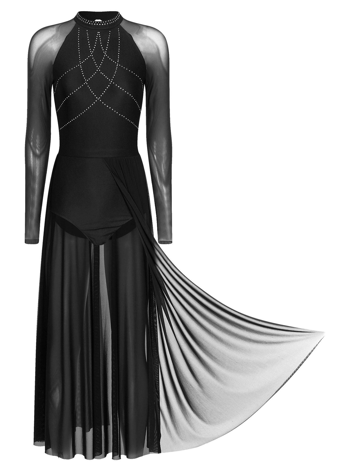 Women Rhinestones Long Sleeve Lyrical Dance Leotard Maxi Dresses