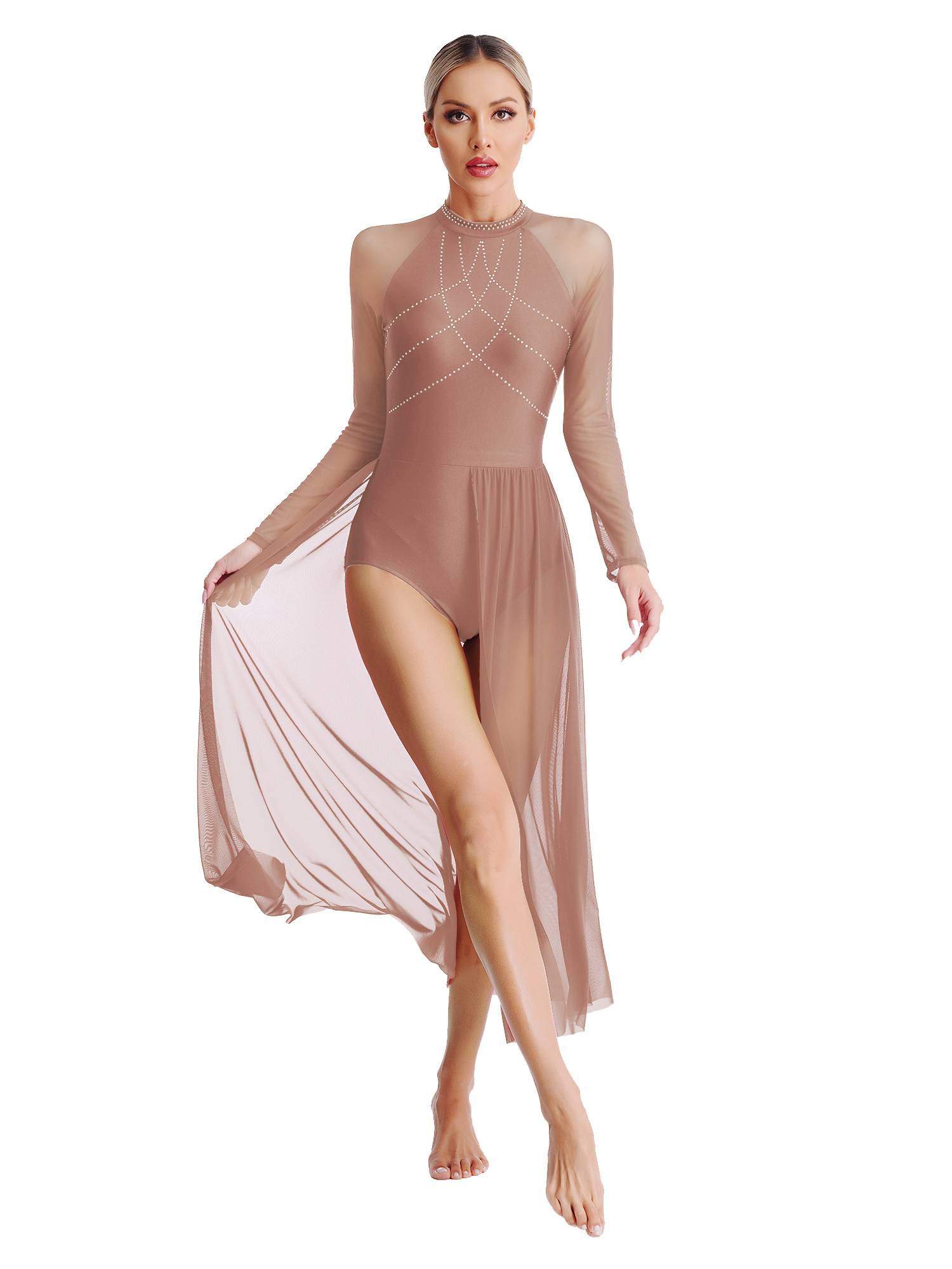 Women Rhinestones Long Sleeve Lyrical Dance Leotard Maxi Dresses