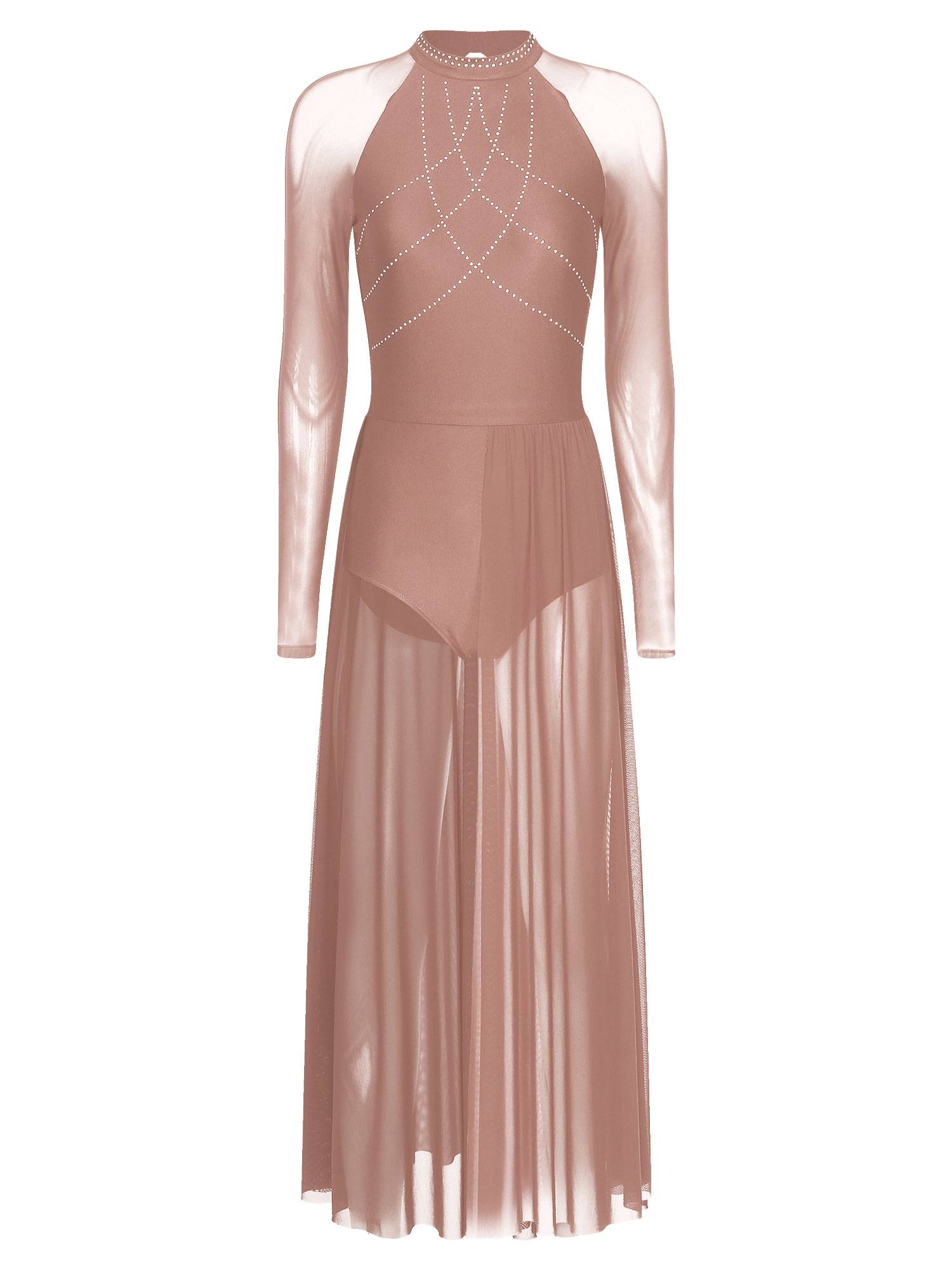 Women Rhinestones Long Sleeve Lyrical Dance Leotard Maxi Dresses