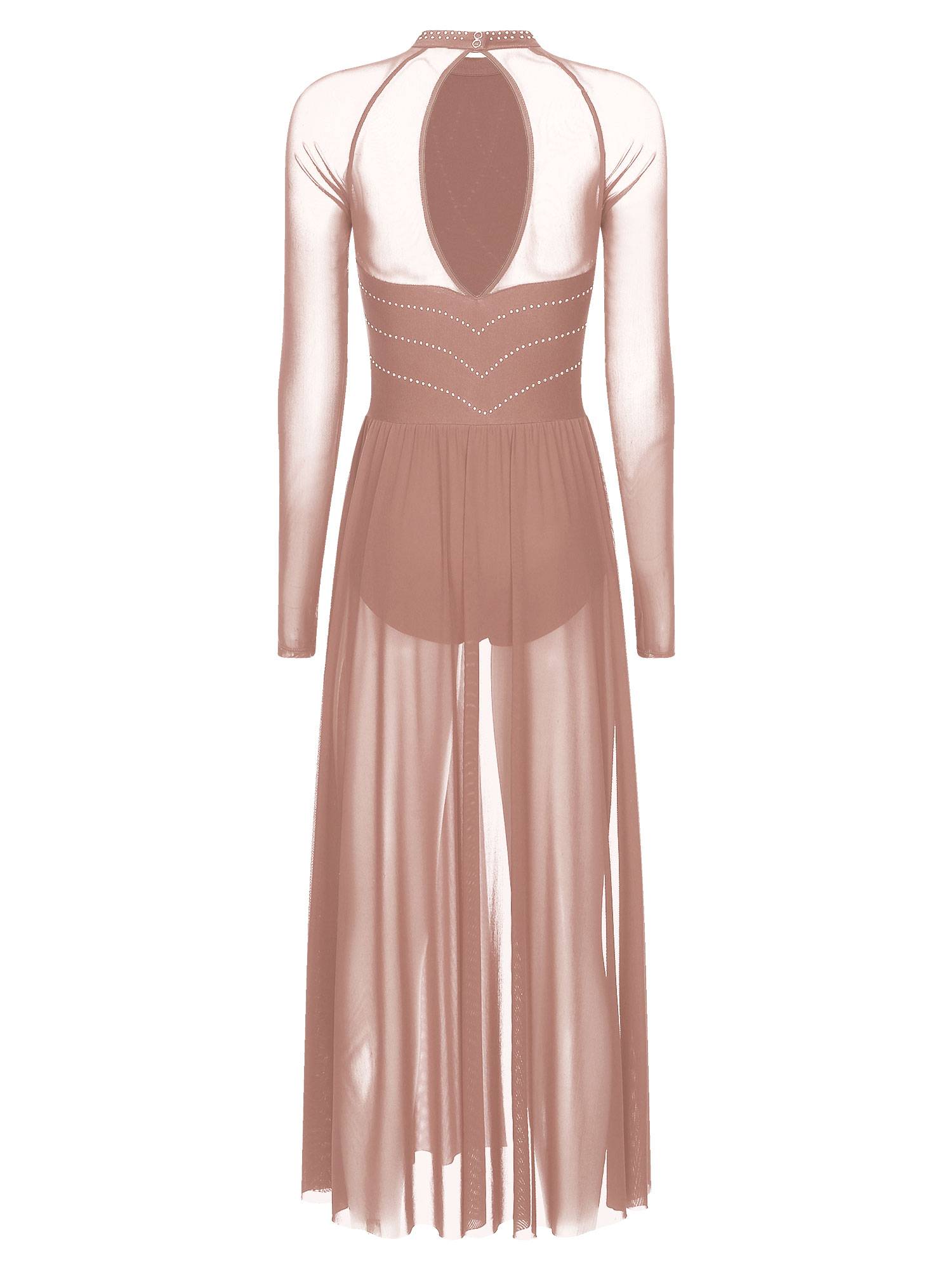 Women Rhinestones Long Sleeve Lyrical Dance Leotard Maxi Dresses