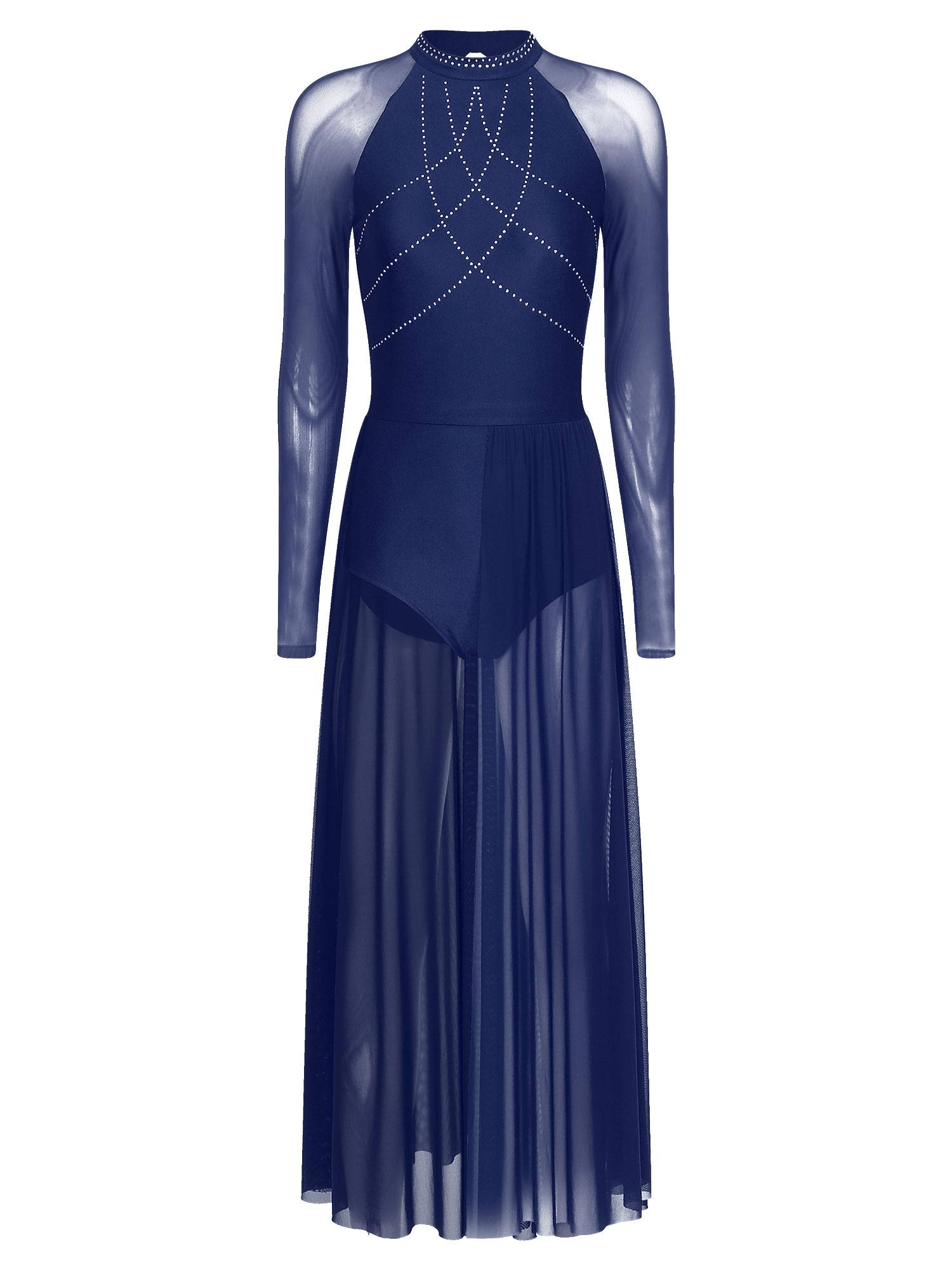 Women Rhinestones Long Sleeve Lyrical Dance Leotard Maxi Dresses