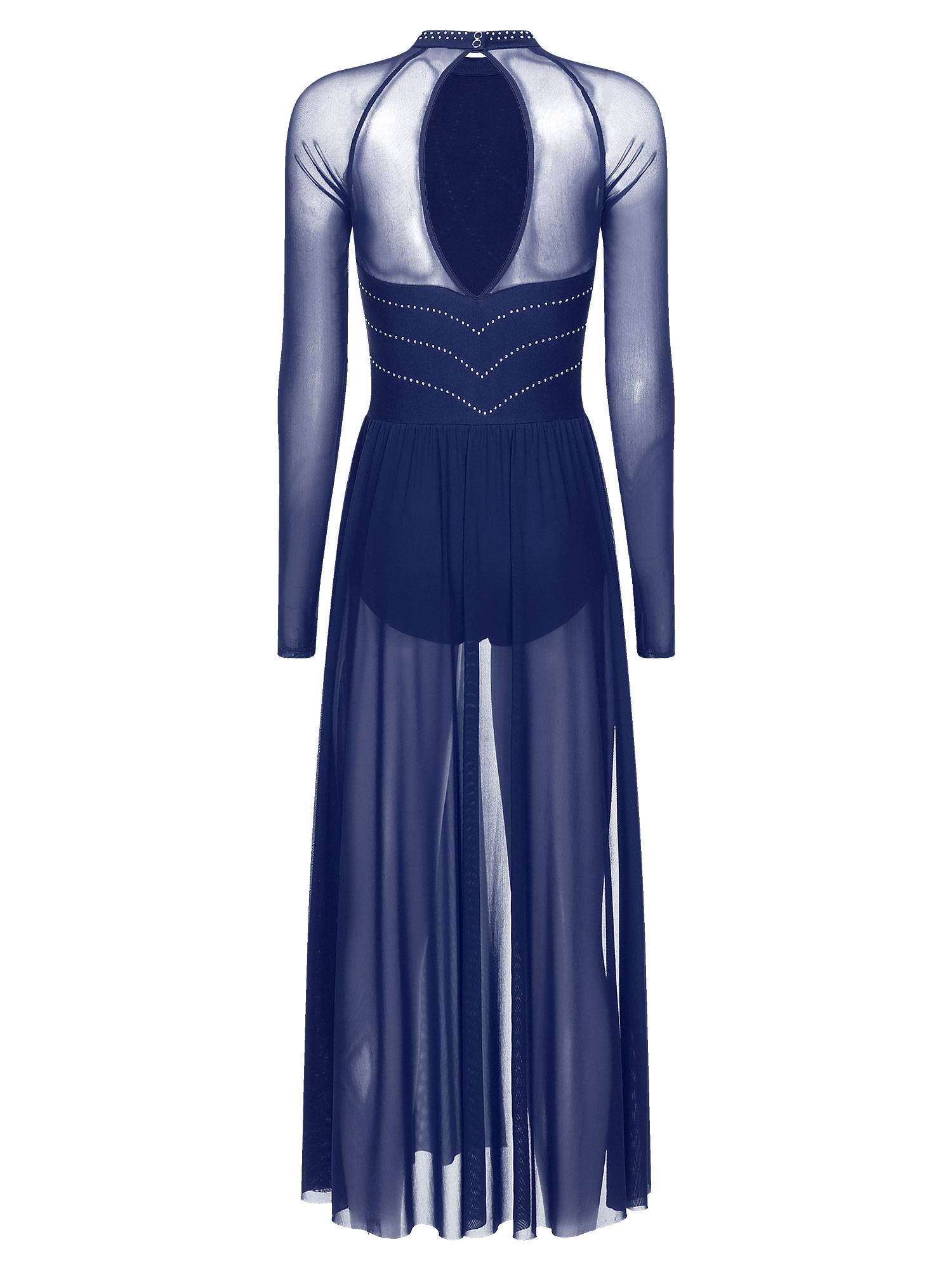 Women Rhinestones Long Sleeve Lyrical Dance Leotard Maxi Dresses