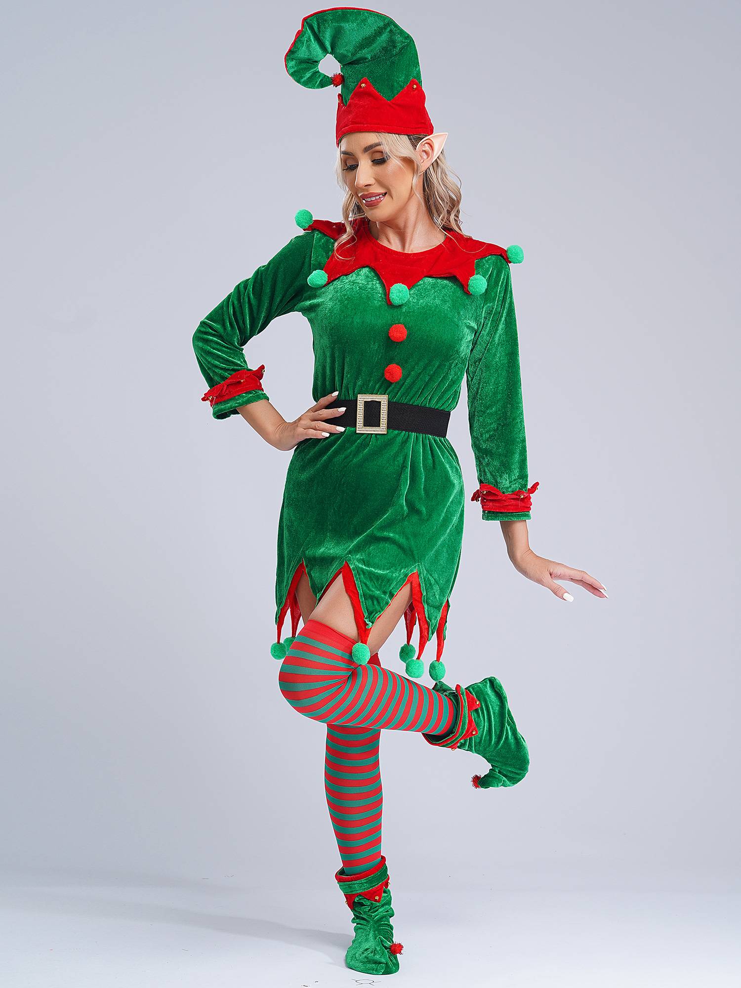 Women 6pcs Christmas Long Sleeve Pompom Dress with Stockings Elf Costume Sets