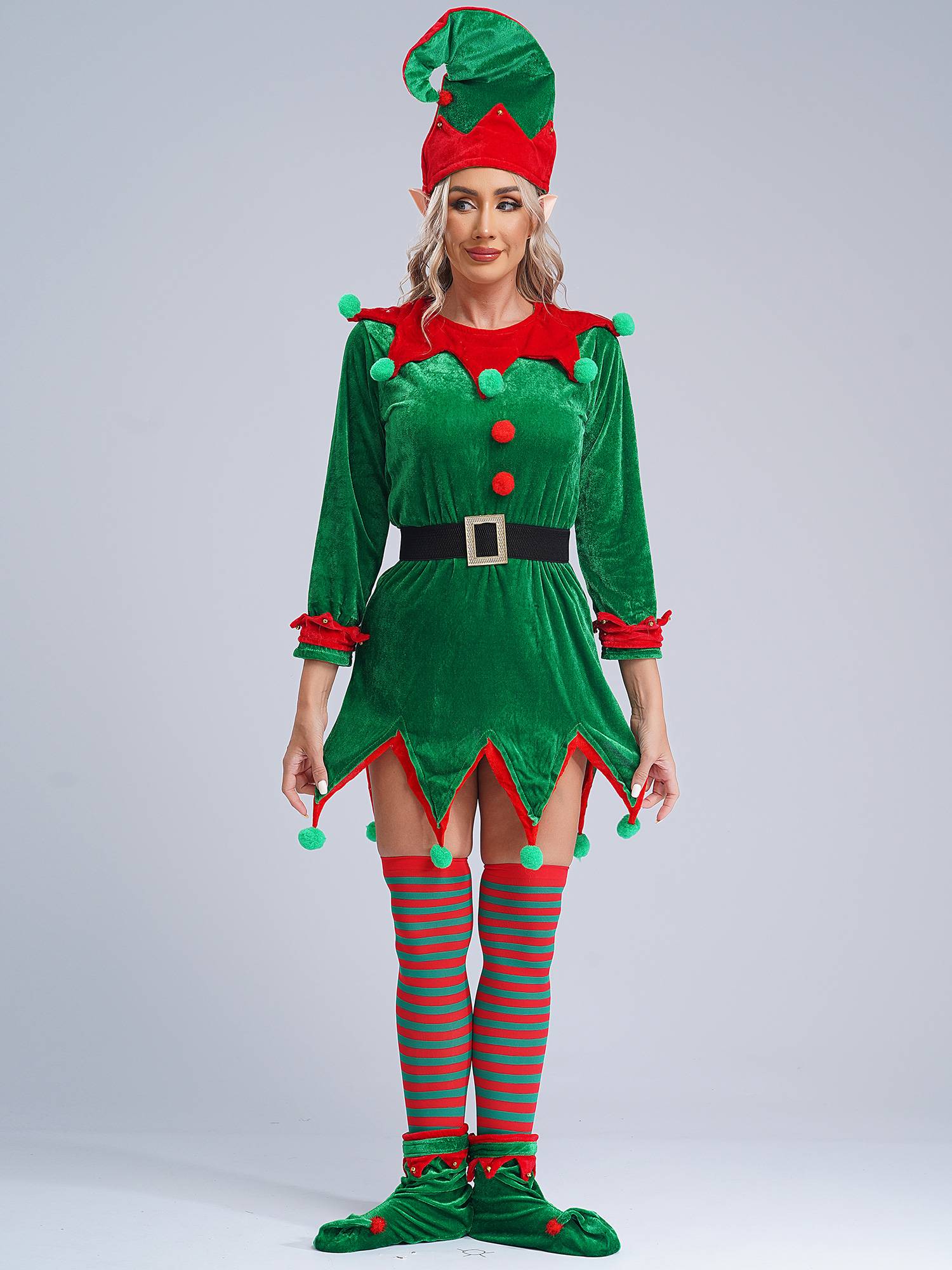 Women 6pcs Christmas Long Sleeve Pompom Dress with Stockings Elf Costume Sets