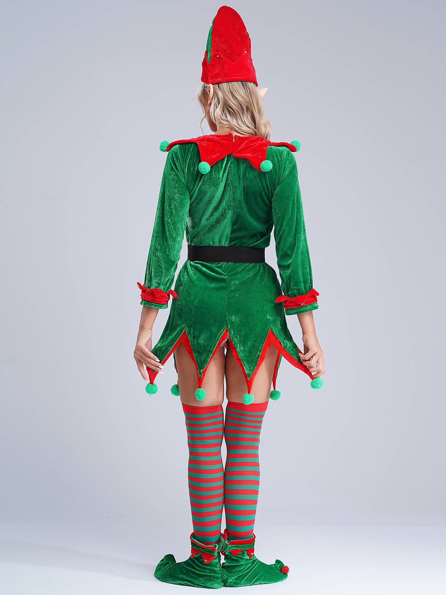 Women 6pcs Christmas Long Sleeve Pompom Dress with Stockings Elf Costume Sets