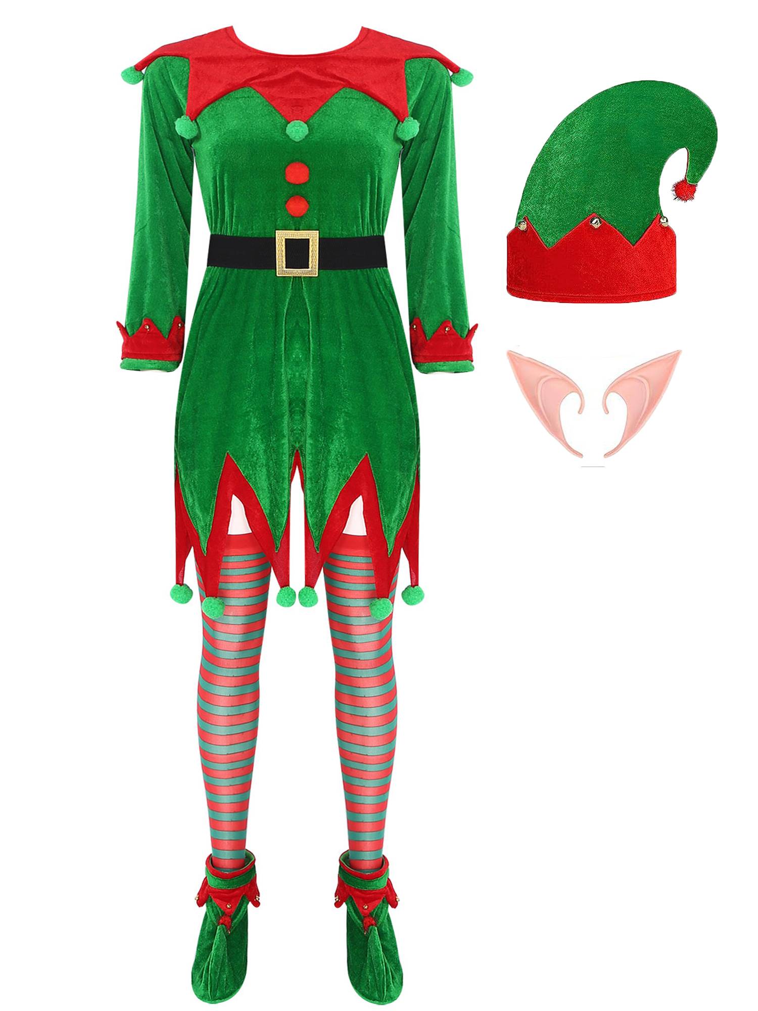 Women 6pcs Christmas Long Sleeve Pompom Dress with Stockings Elf Costume Sets