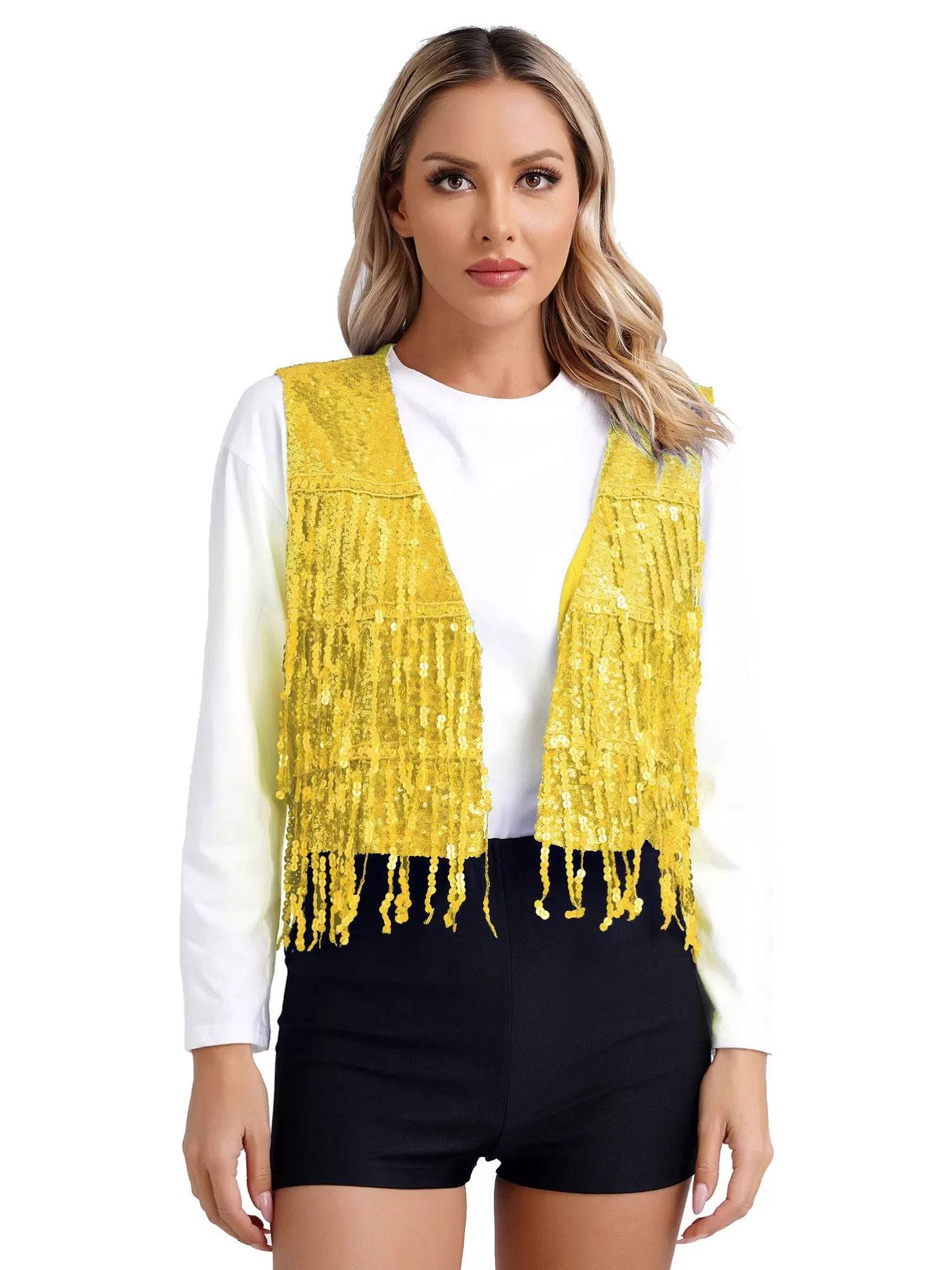 Women Allover Sequin Tassel Open Front Party Vest Waistcoat