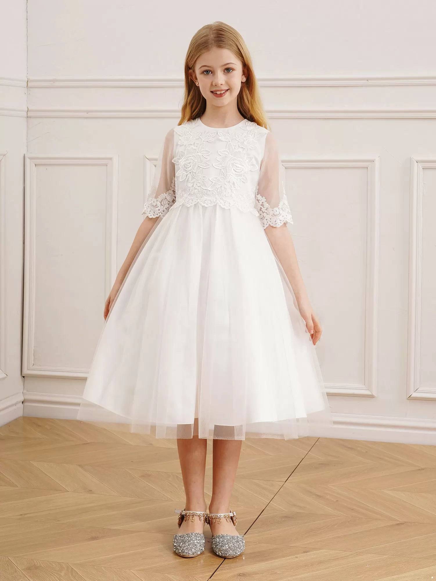 Kids Girls Embroidery Half Sleeve Ball Gown Tulle Flower Girl Dress