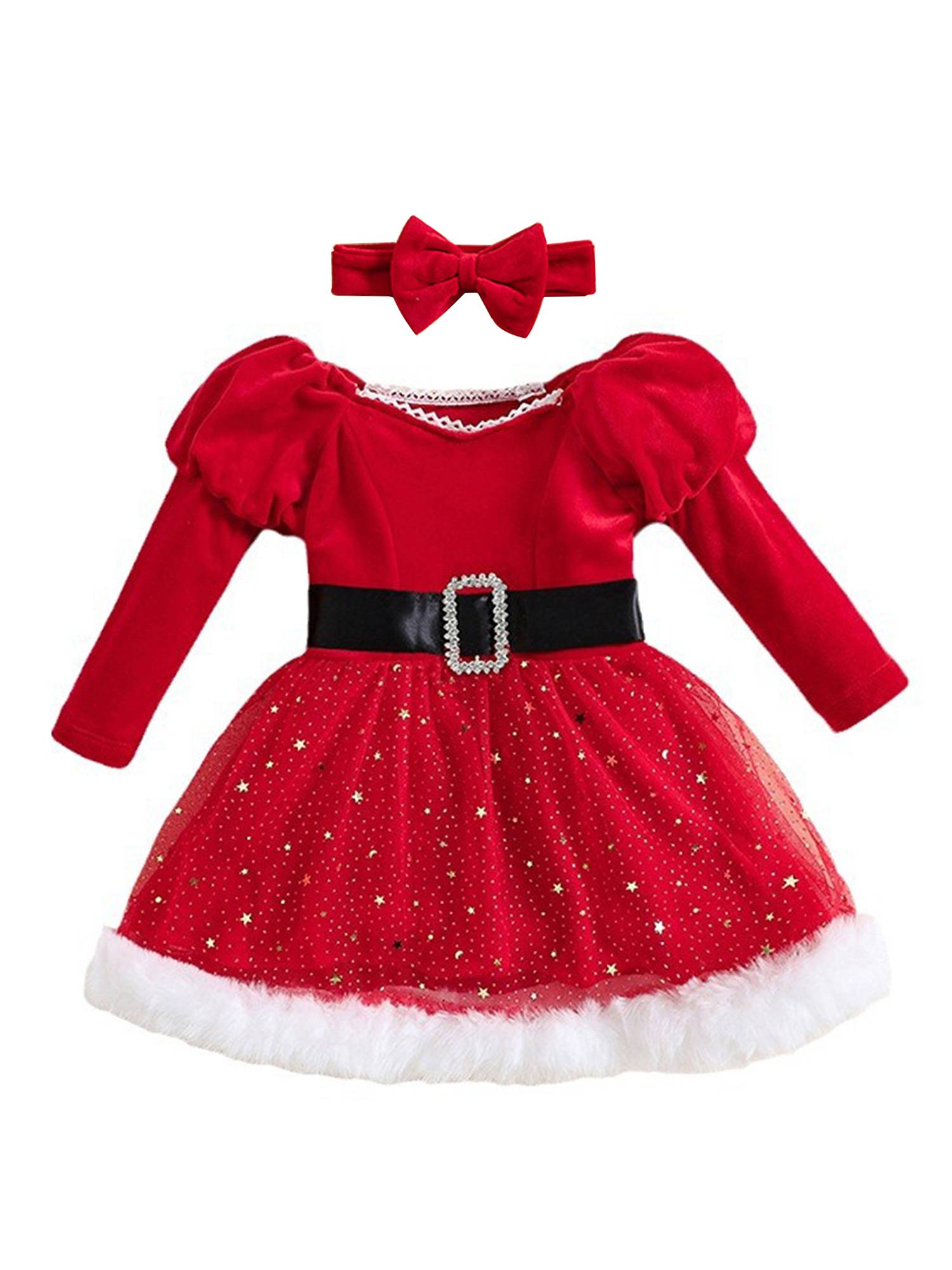 Toddler Girls Christmas Santa Claus Long Sleeve Velvet Tutu Dress with Headband