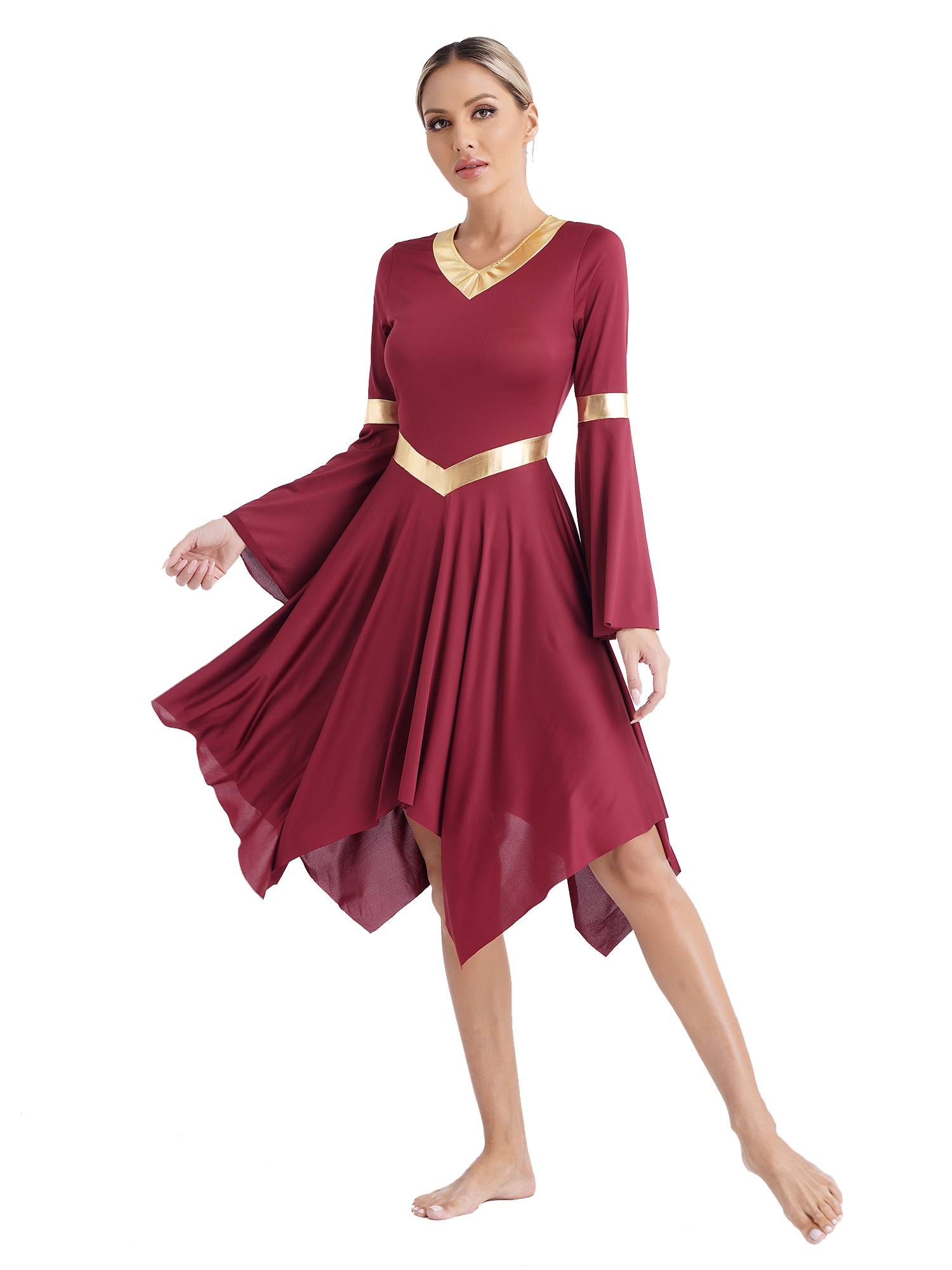 Women V Neck Flare Sleeve Worship Dance Dress