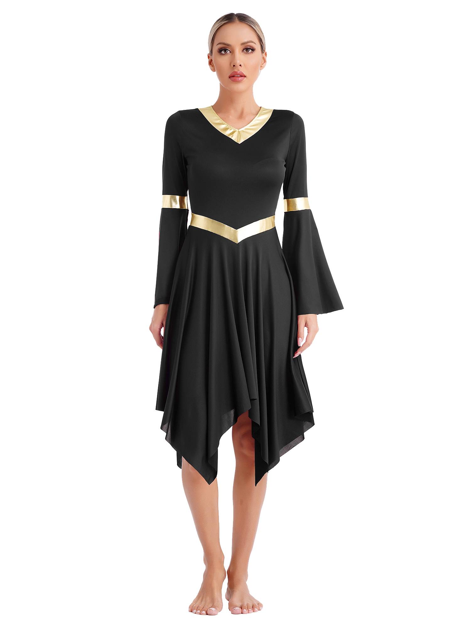 Women V Neck Flare Sleeve Worship Dance Dress