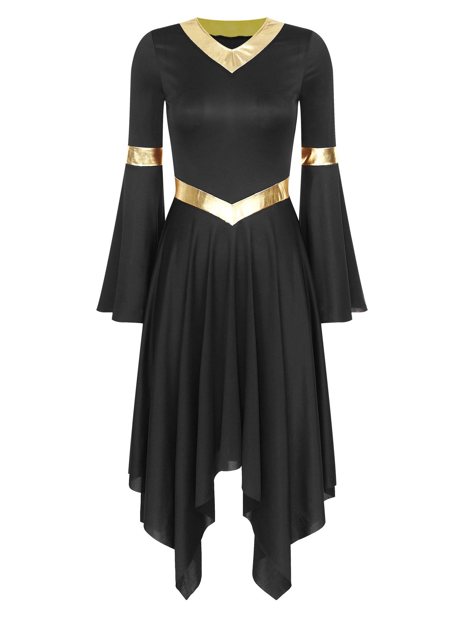 Women V Neck Flare Sleeve Worship Dance Dress