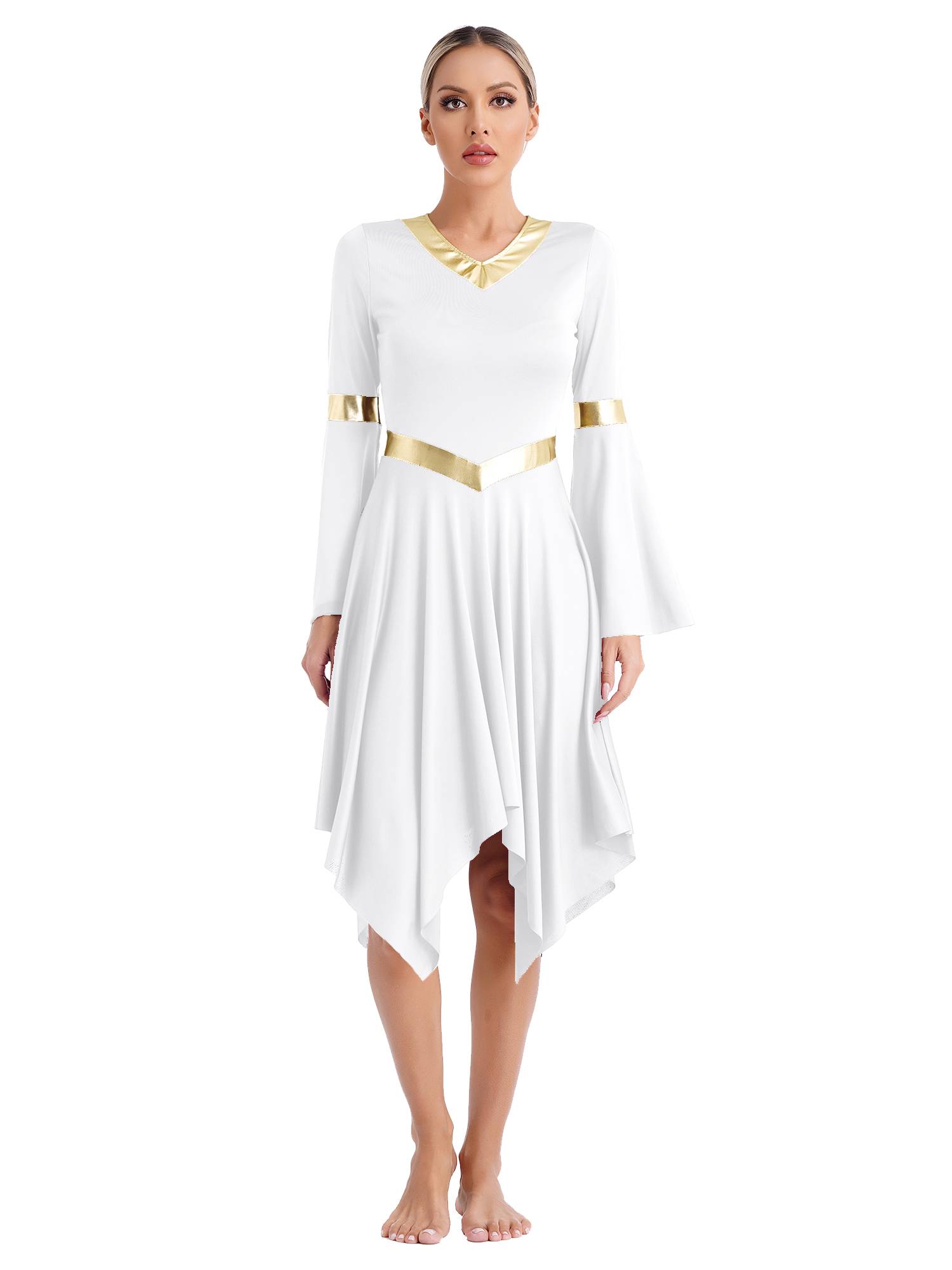 Women V Neck Flare Sleeve Worship Dance Dress