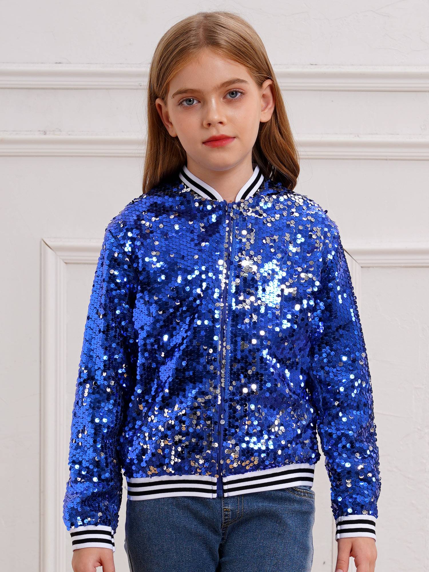 Kids Girls Sequin Baseball Jackets Coat Zip Up Outerwear