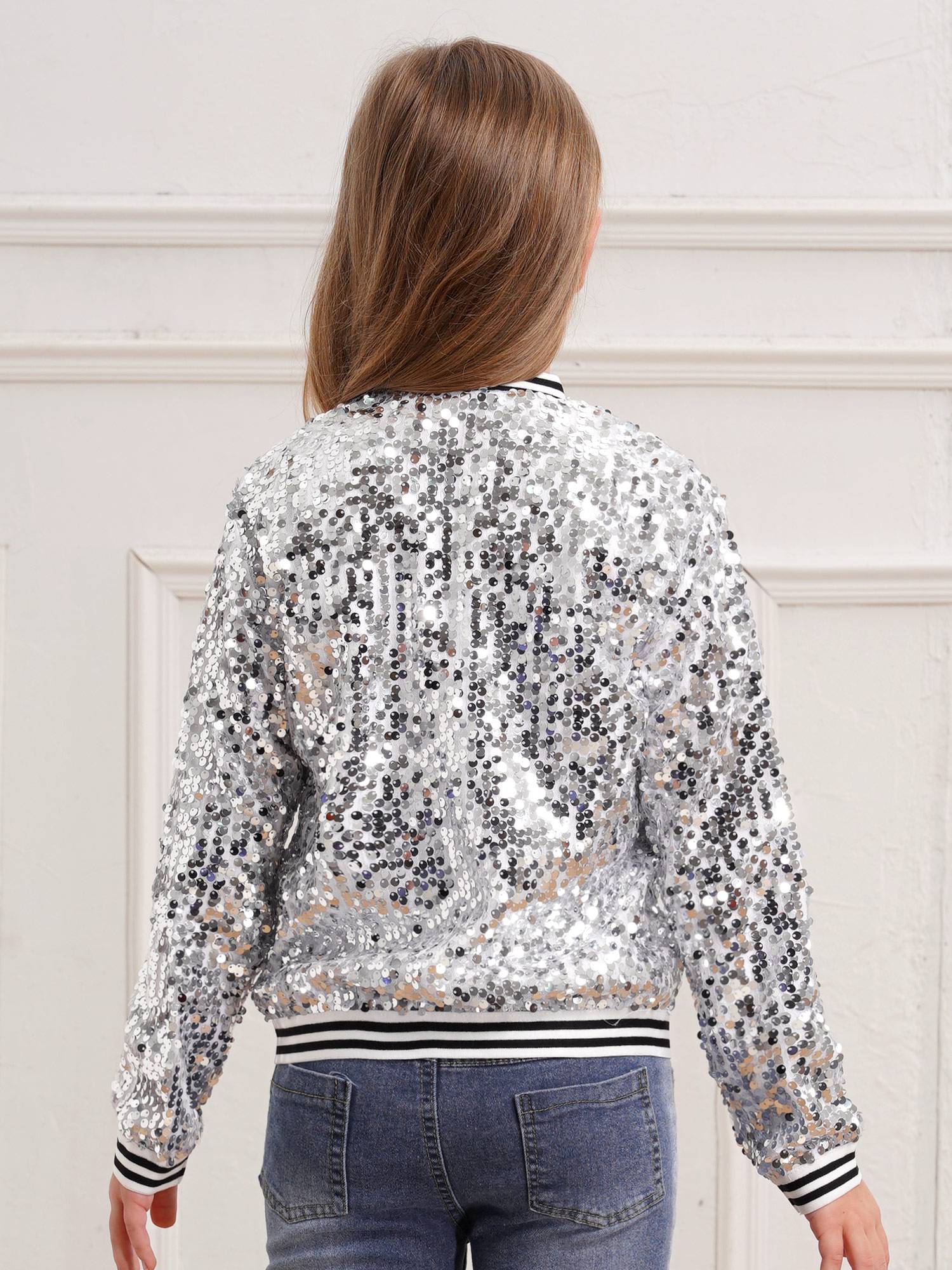 Kids Girls Sequin Baseball Jackets Coat Zip Up Outerwear