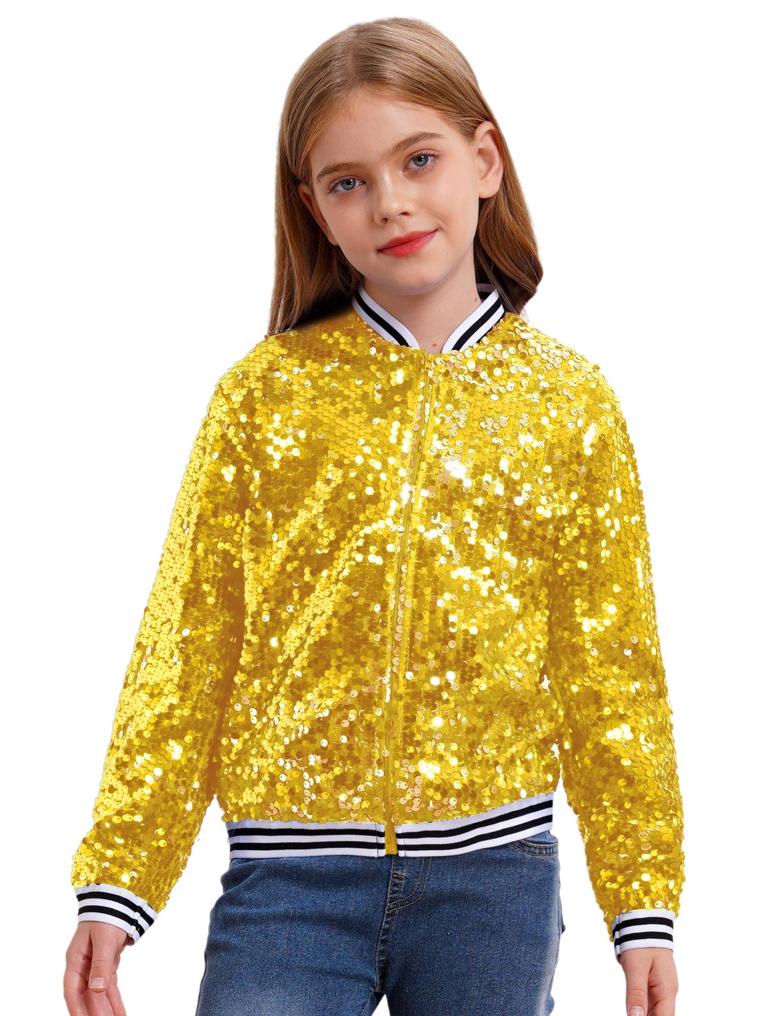 Kids Girls Sequin Baseball Jackets Coat Zip Up Outerwear
