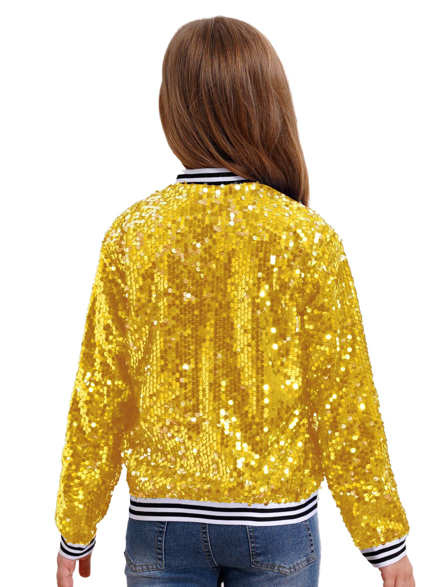 Kids Girls Sequin Baseball Jackets Coat Zip Up Outerwear