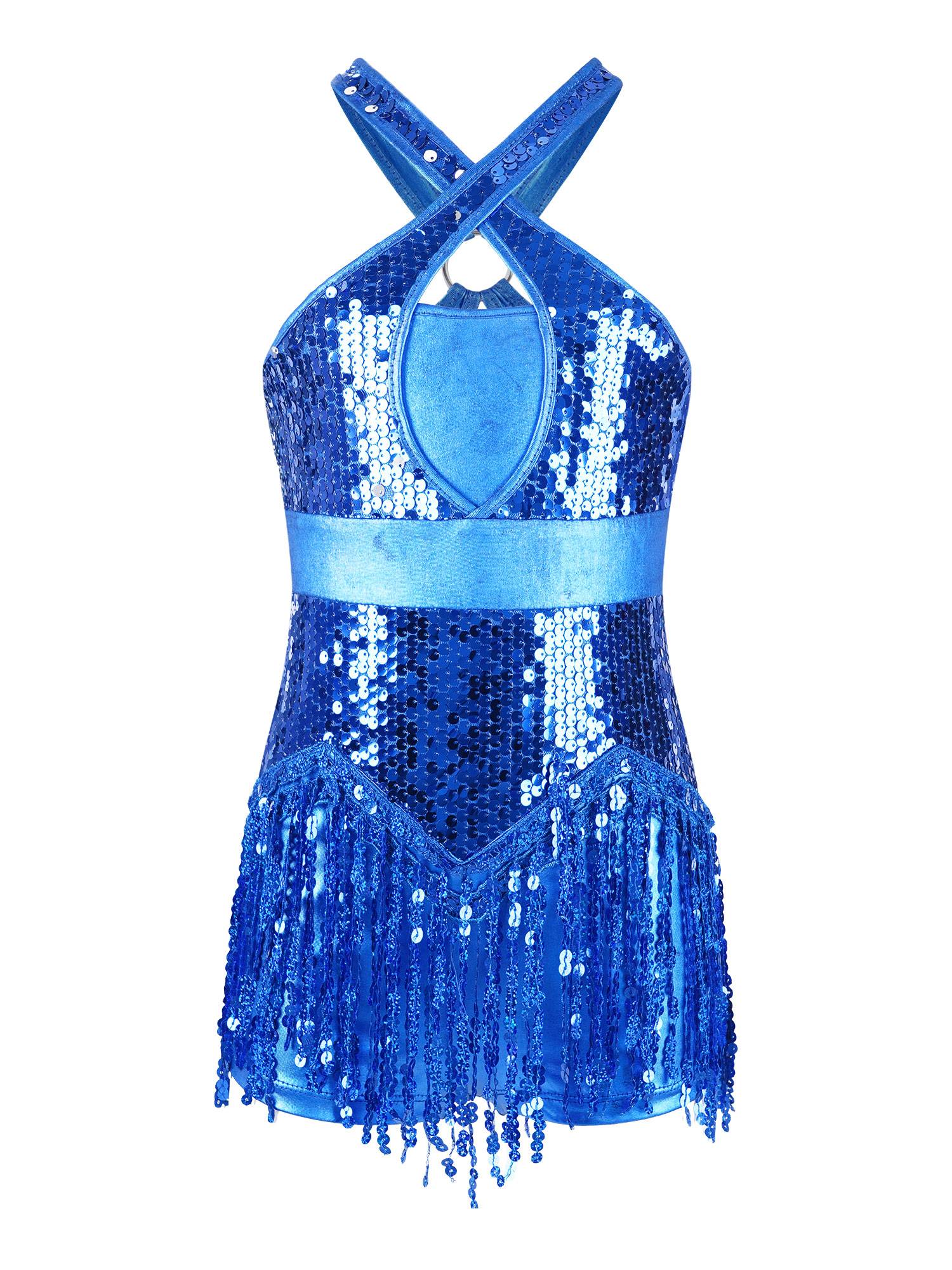 Kids Girls Sleeveless Sequins Tassel Criss Cross Latin Dance Cha-Cha Leotard