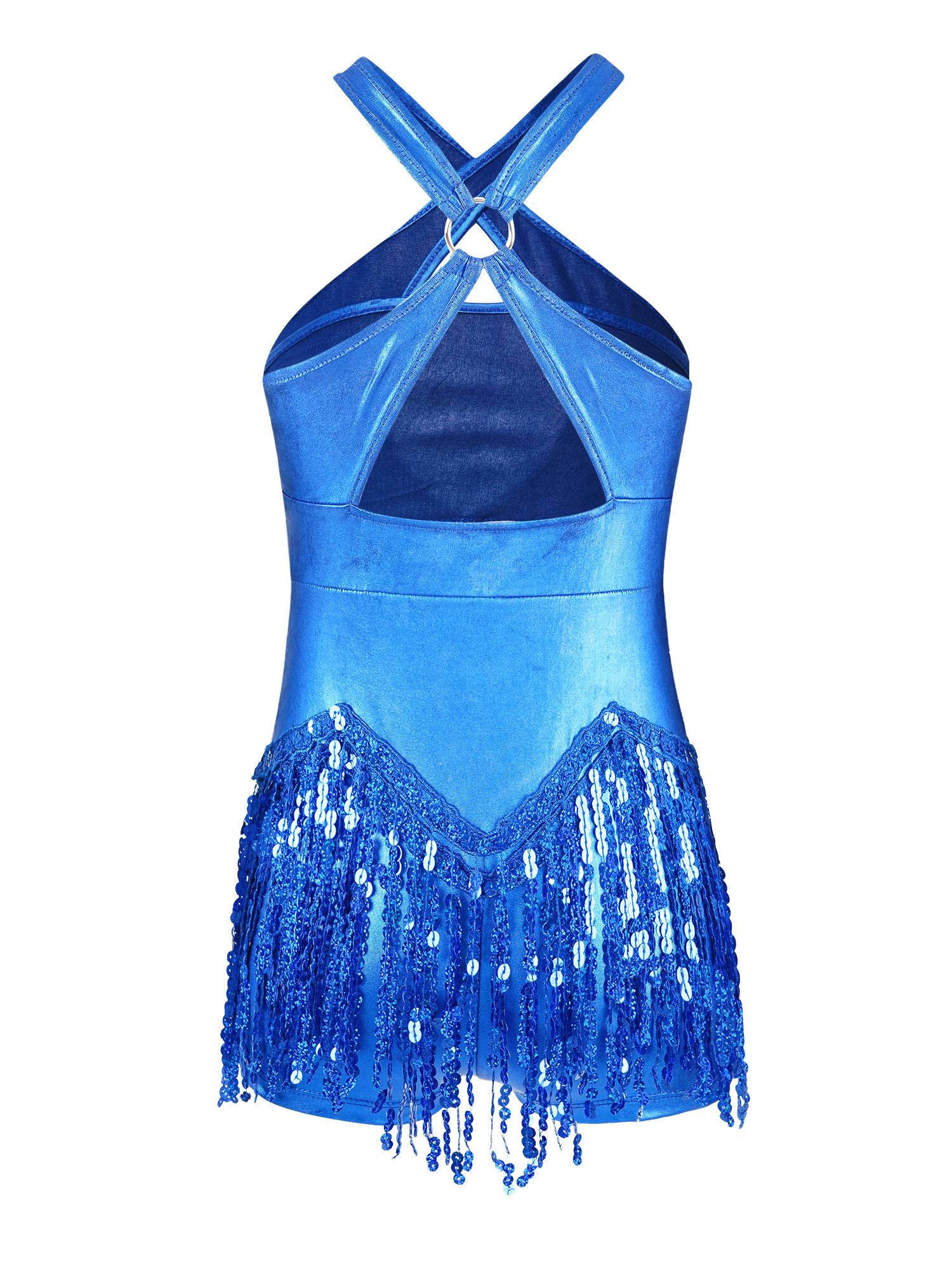 Kids Girls Sleeveless Sequins Tassel Criss Cross Latin Dance Cha-Cha Leotard