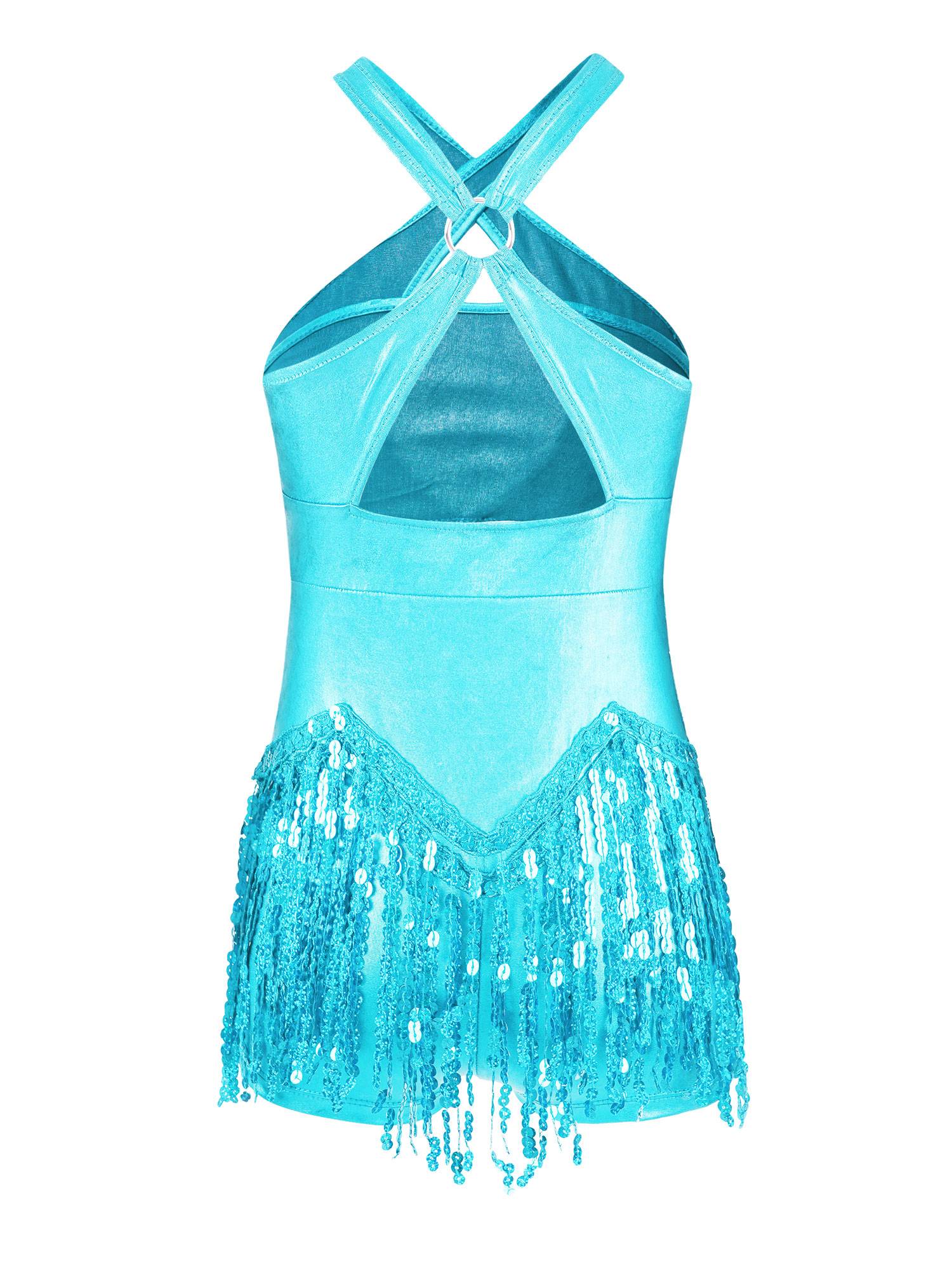 Kids Girls Sleeveless Sequins Tassel Criss Cross Latin Dance Cha-Cha Leotard