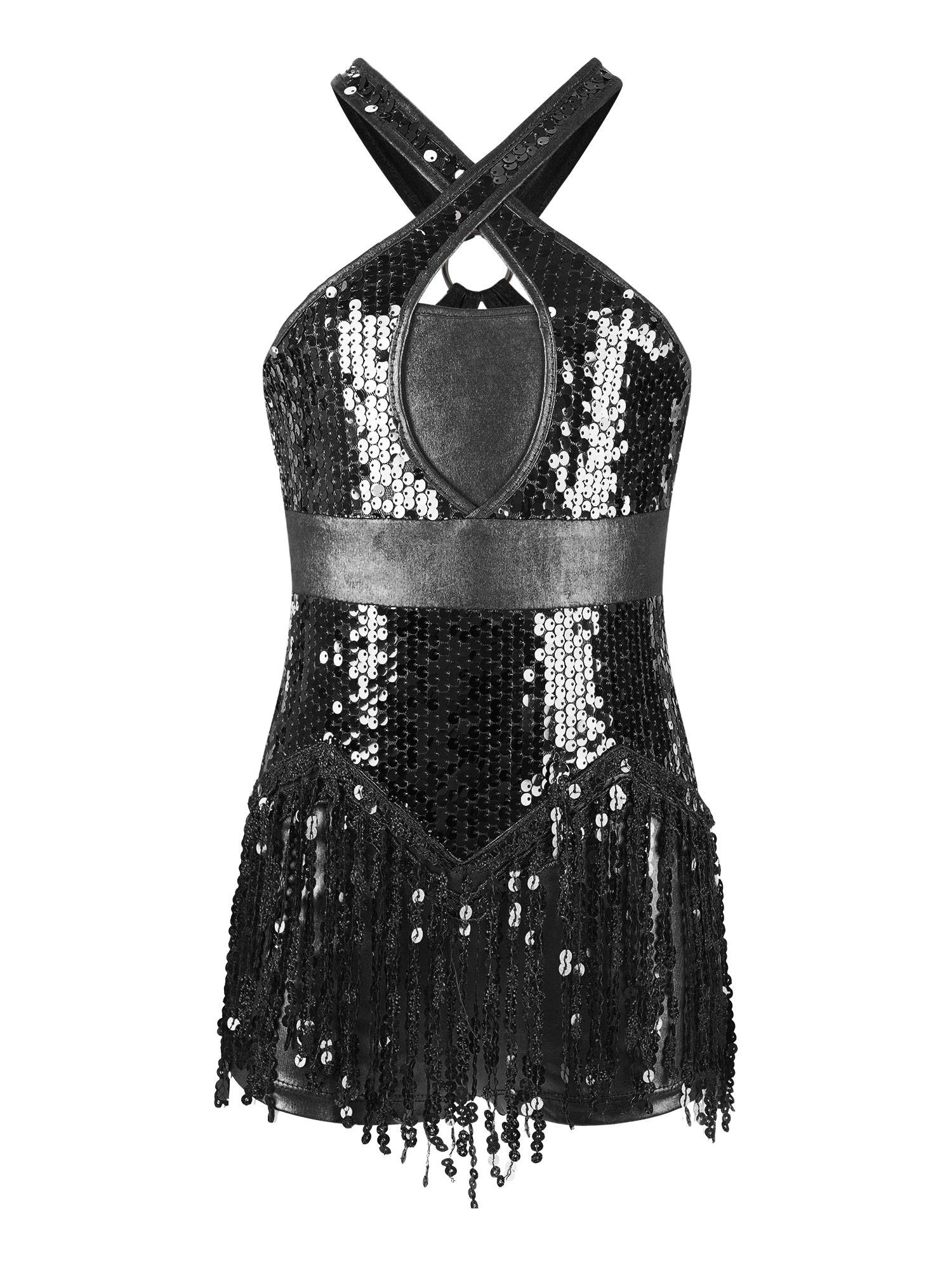 Kids Girls Sleeveless Sequins Tassel Criss Cross Latin Dance Cha-Cha Leotard