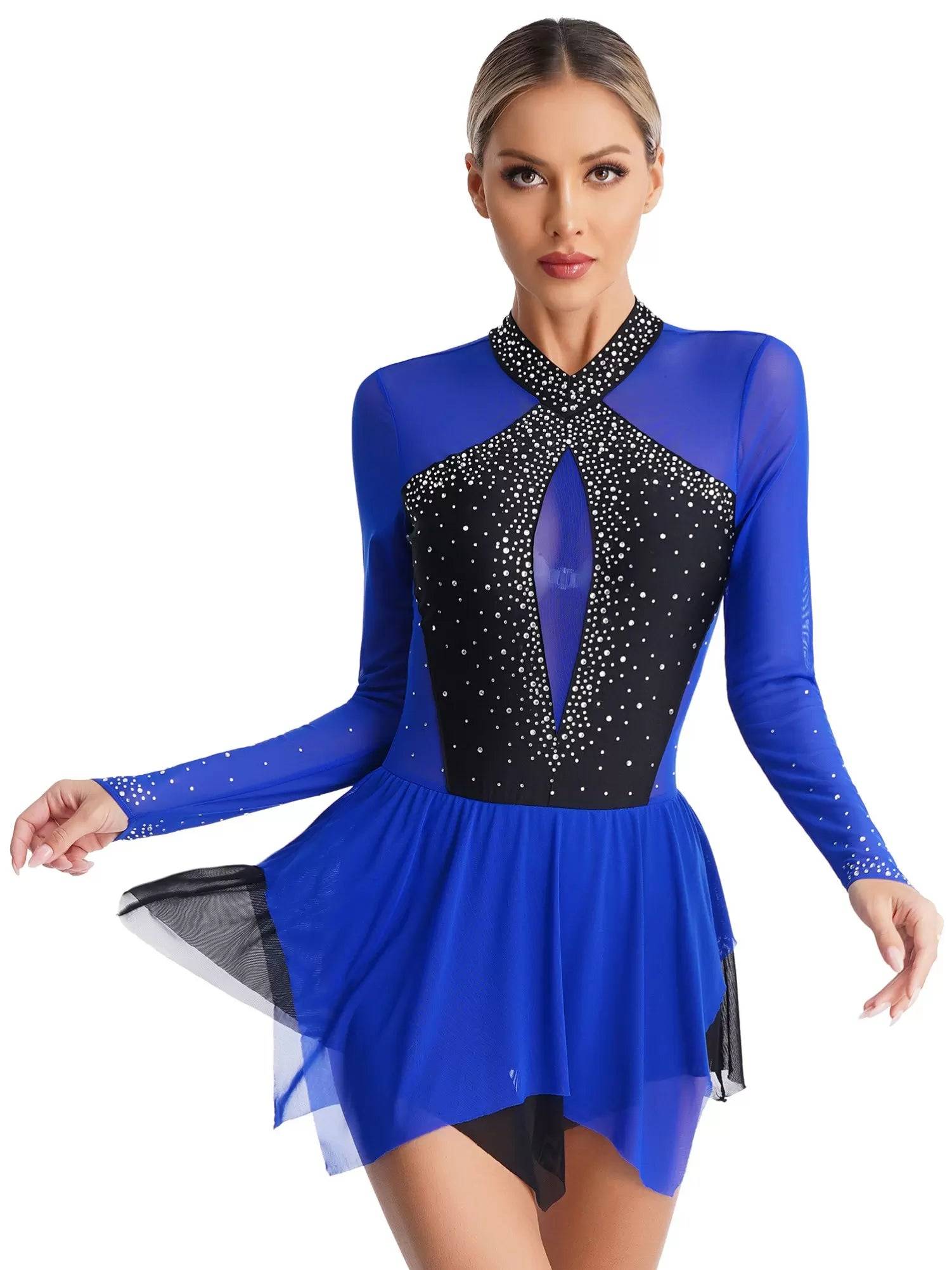 Women Long Sleeve Sparkling Rhinestones Irregular Hem Skating Dress