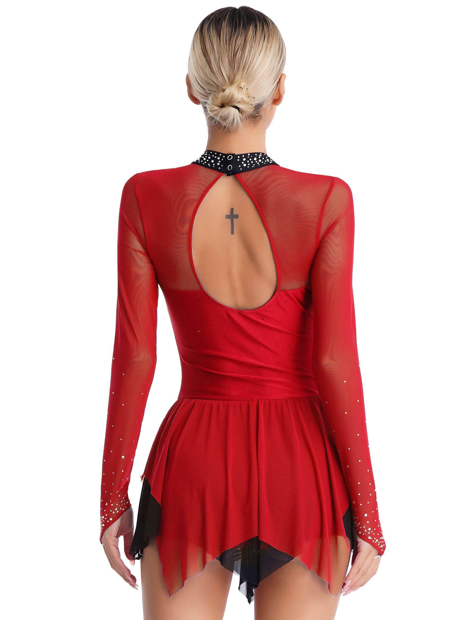 Women Long Sleeve Sparkling Rhinestones Irregular Hem Skating Dress
