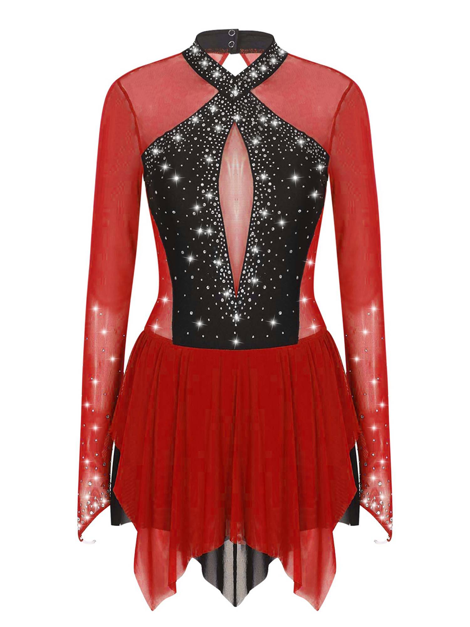Women Long Sleeve Sparkling Rhinestones Irregular Hem Skating Dress