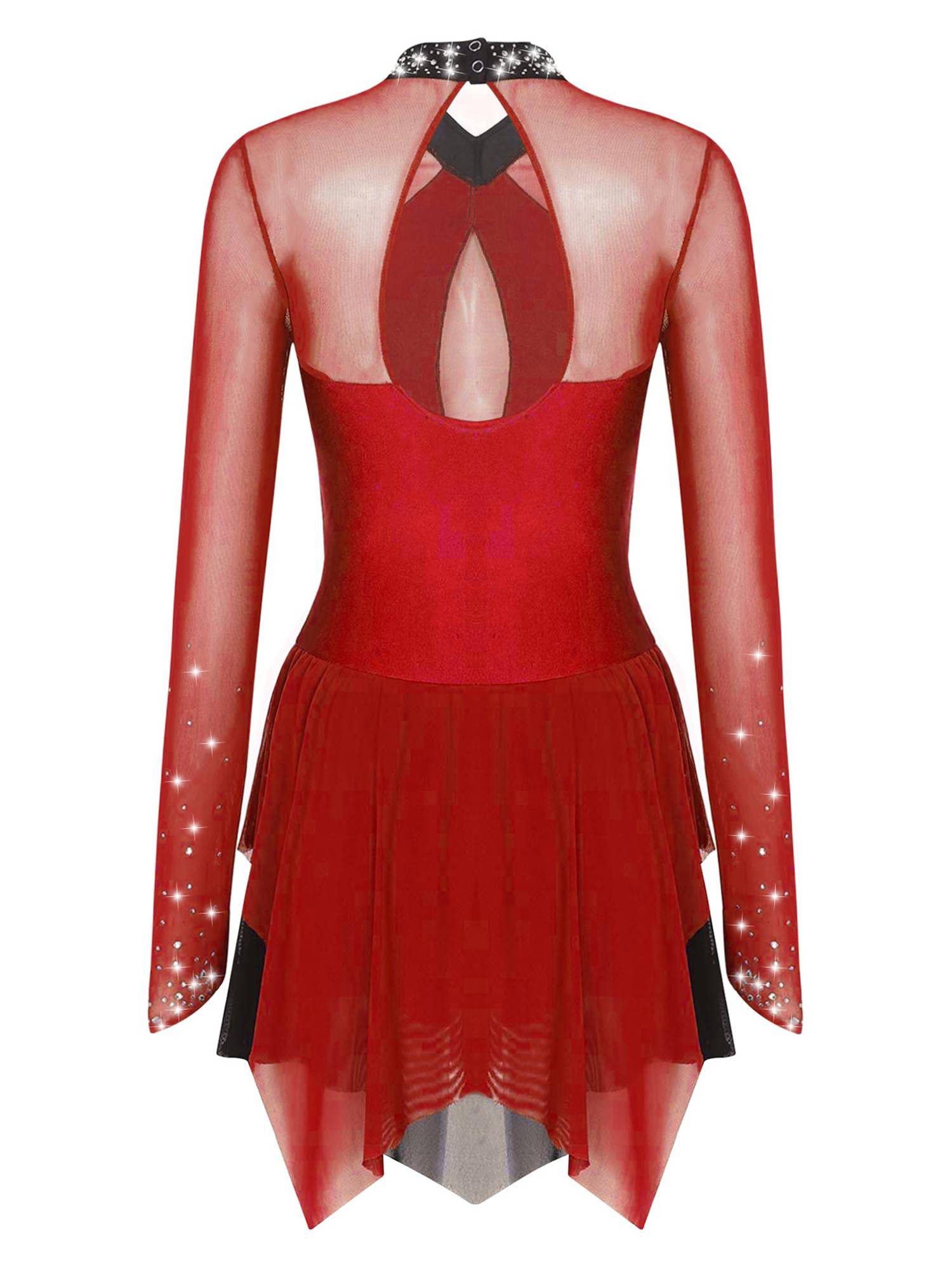 Women Long Sleeve Sparkling Rhinestones Irregular Hem Skating Dress