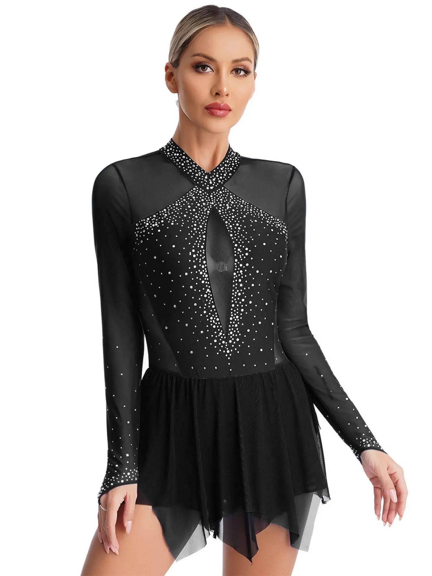 Women Long Sleeve Sparkling Rhinestones Irregular Hem Skating Dress